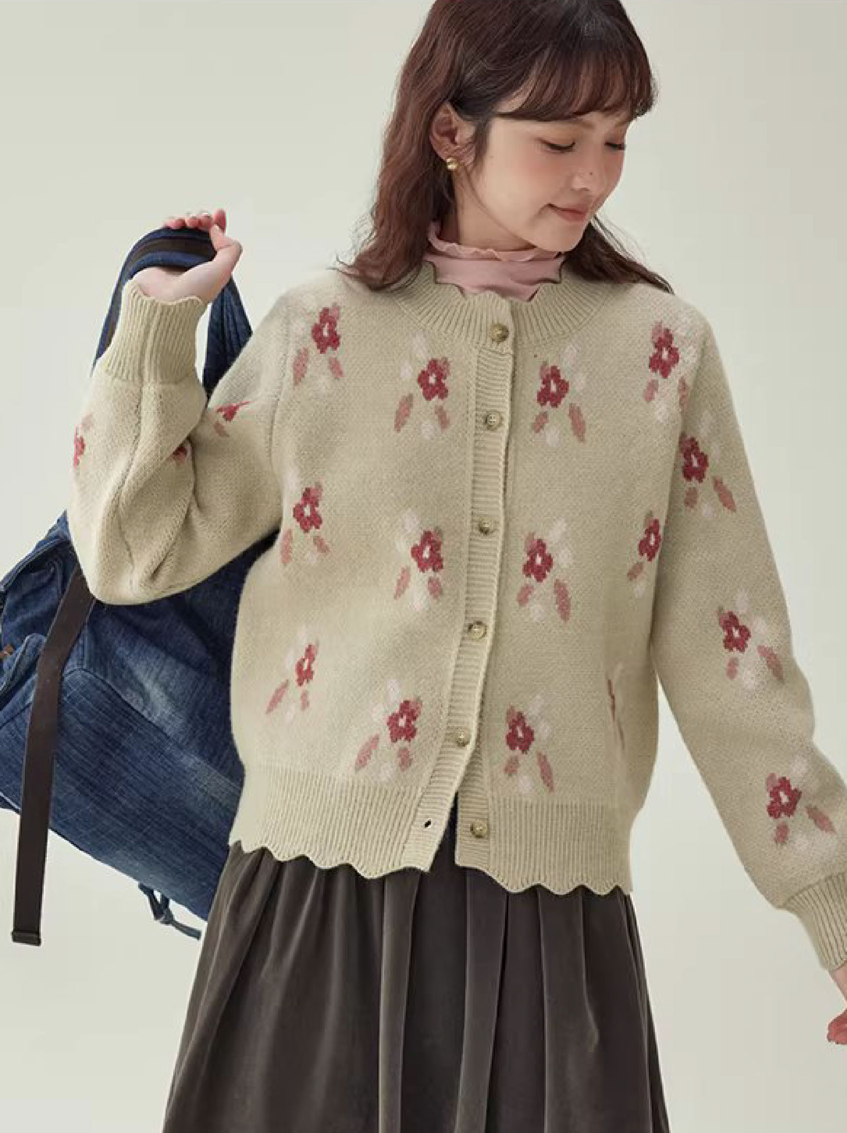 漸層小花加厚毛衣開襟衫女冬季新款蕾絲單排扣上衣