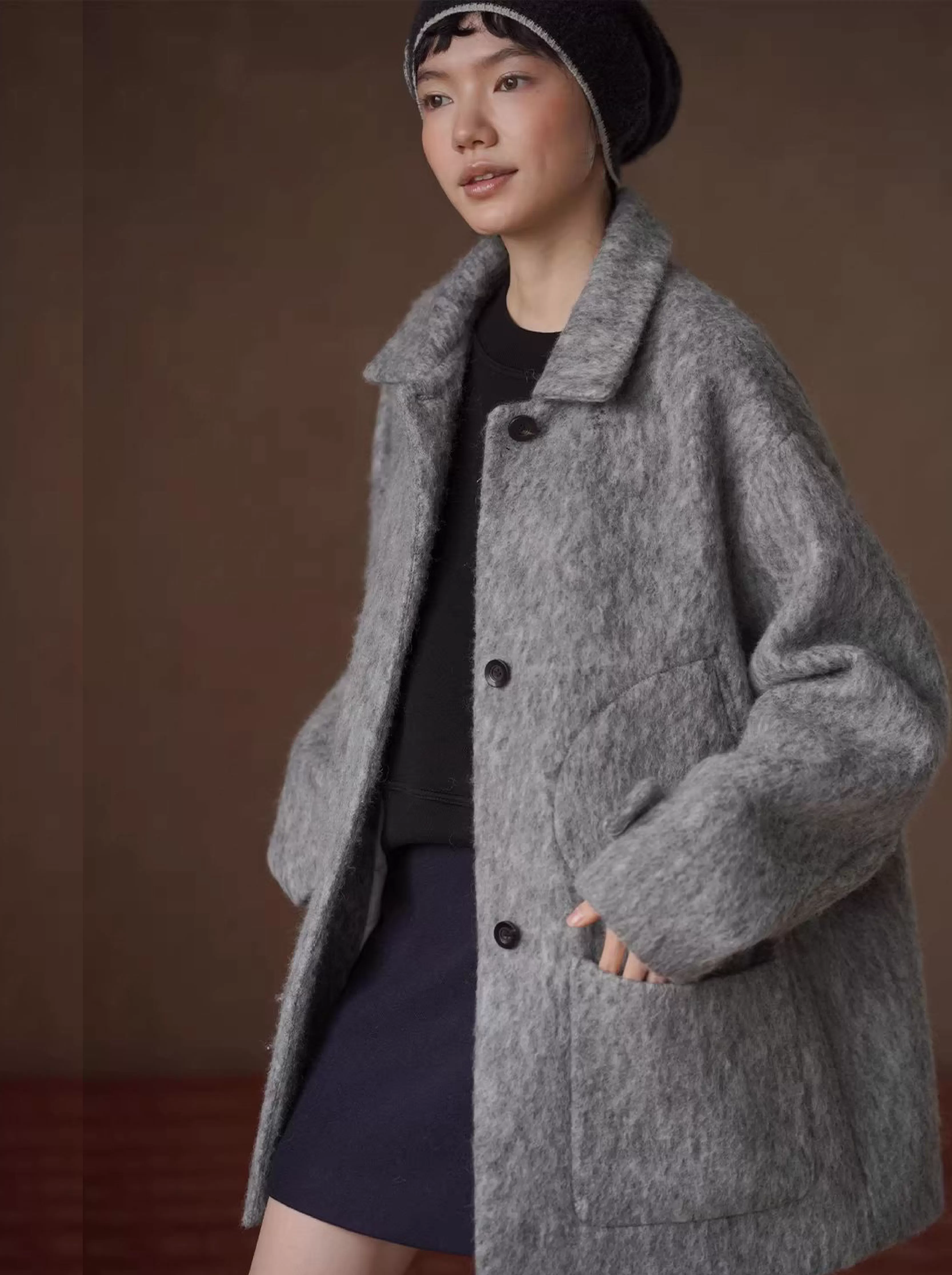 霧嵐星海羊毛混紡雜花灰翻領大衣中長款寬鬆絎棉外套女