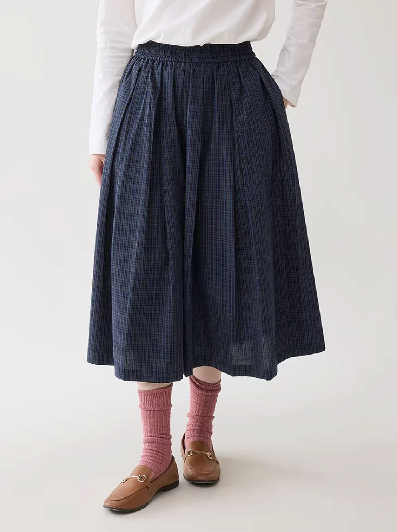 藍格百褶a字純棉半身裙女春季新款鬆緊腰中長裙