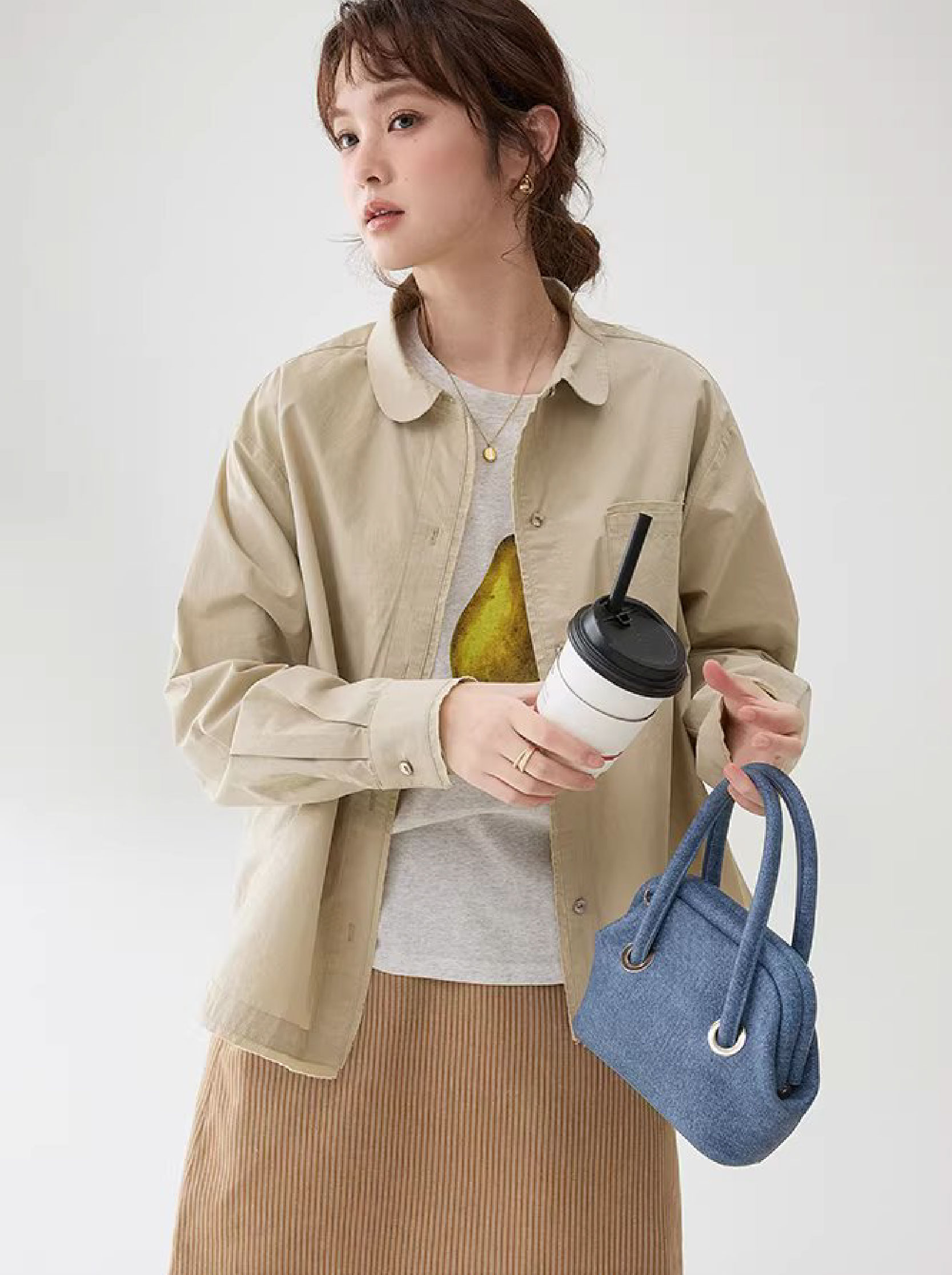 設計感拼接小毛邊襯衫女春季新娃娃領紐扣上衣