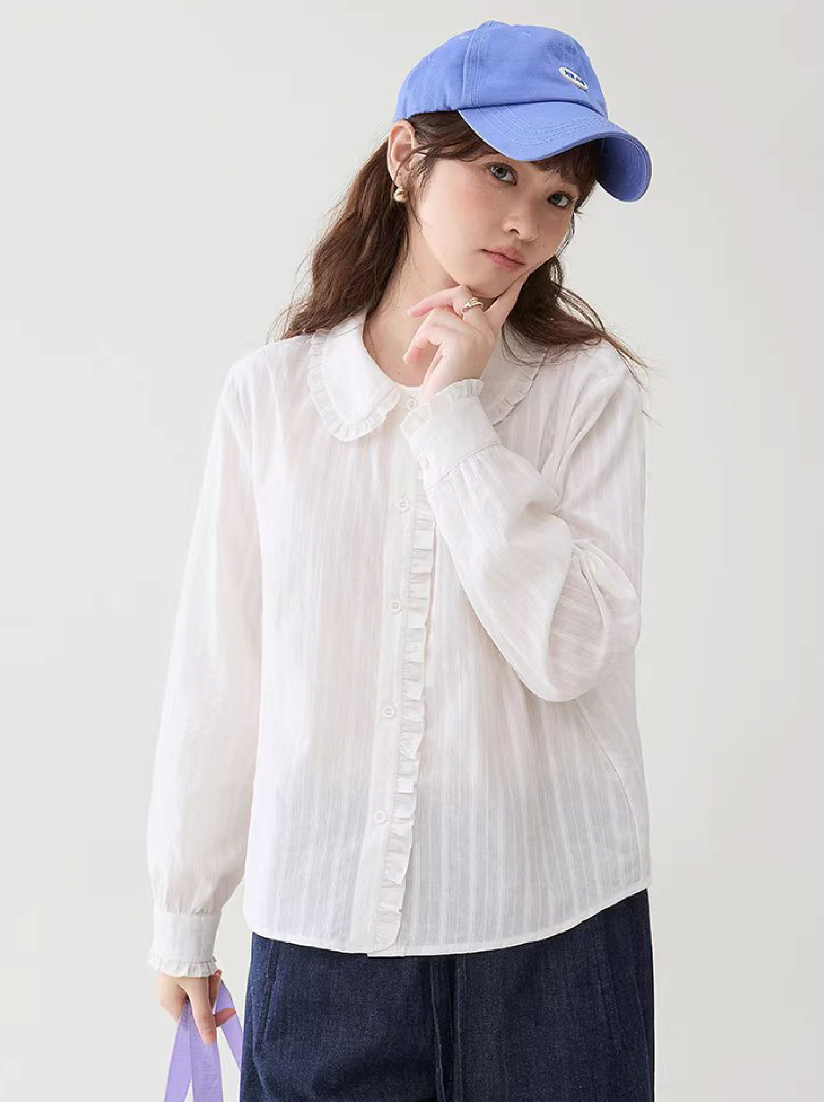 肌理感木耳邊娃娃領襯衫女春季新款純棉長袖上衣