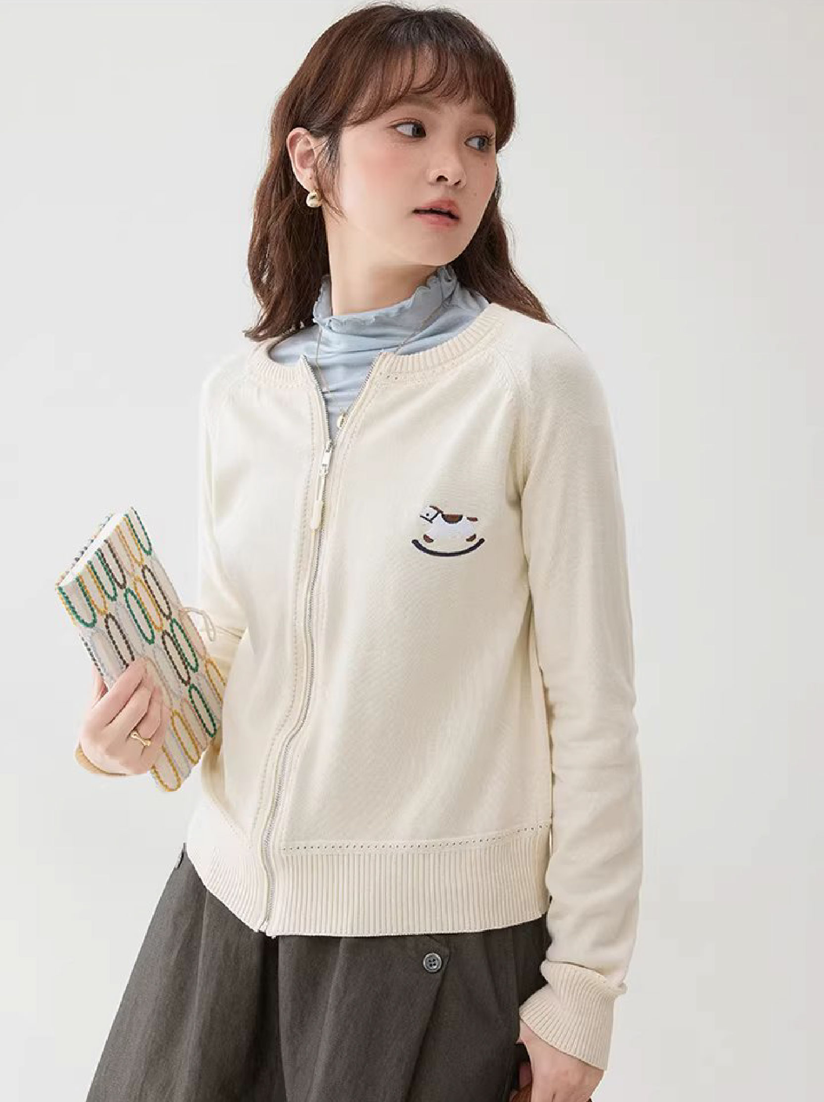 刺繡小馬拉鏈針織開襟衫女26春季新款純棉長袖上衣