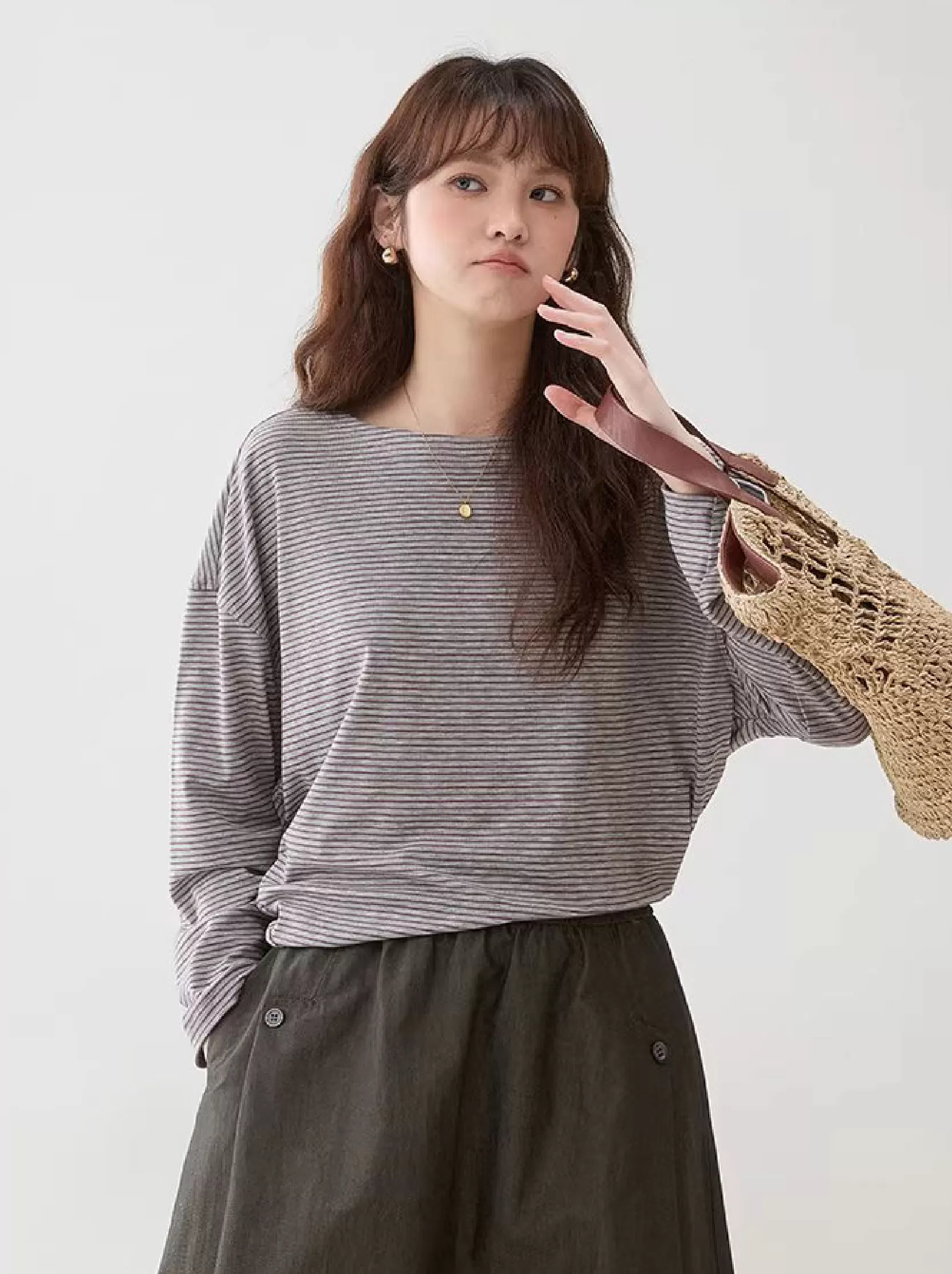 不規則蝙蝠袖暗條紋T恤女春季新款寬鬆小眾上衣