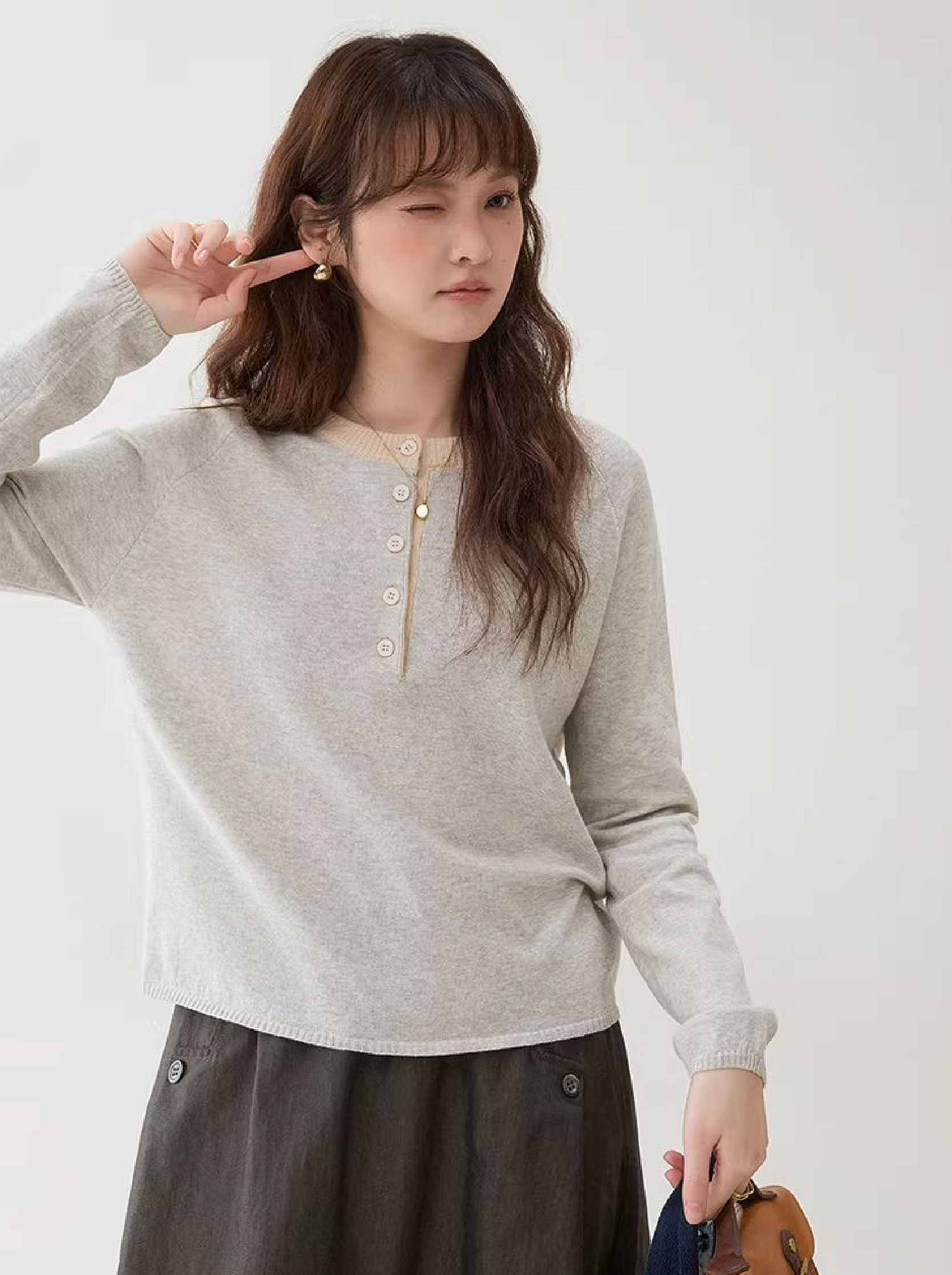 撞色領半開扣純棉針織衫女春季新款簡約百搭上衣