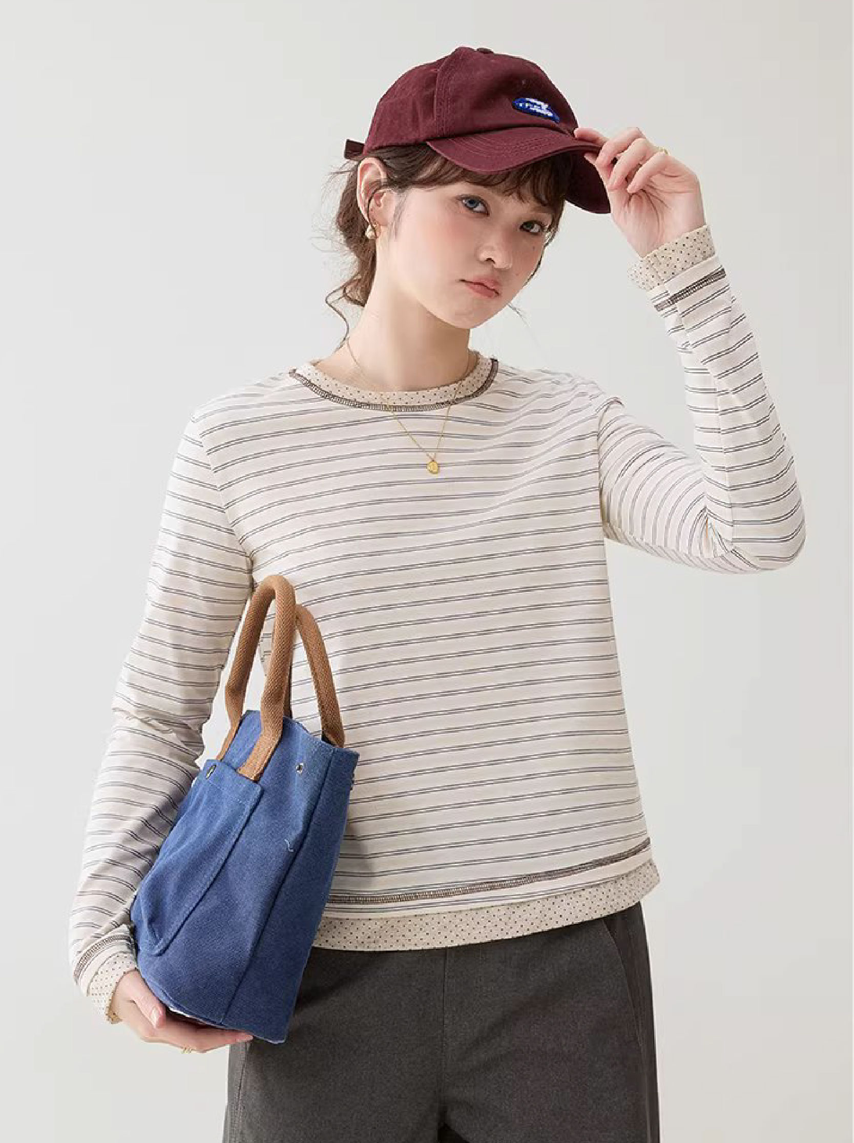 波點拼接圓領條紋T恤女26春季新款短長袖上衣