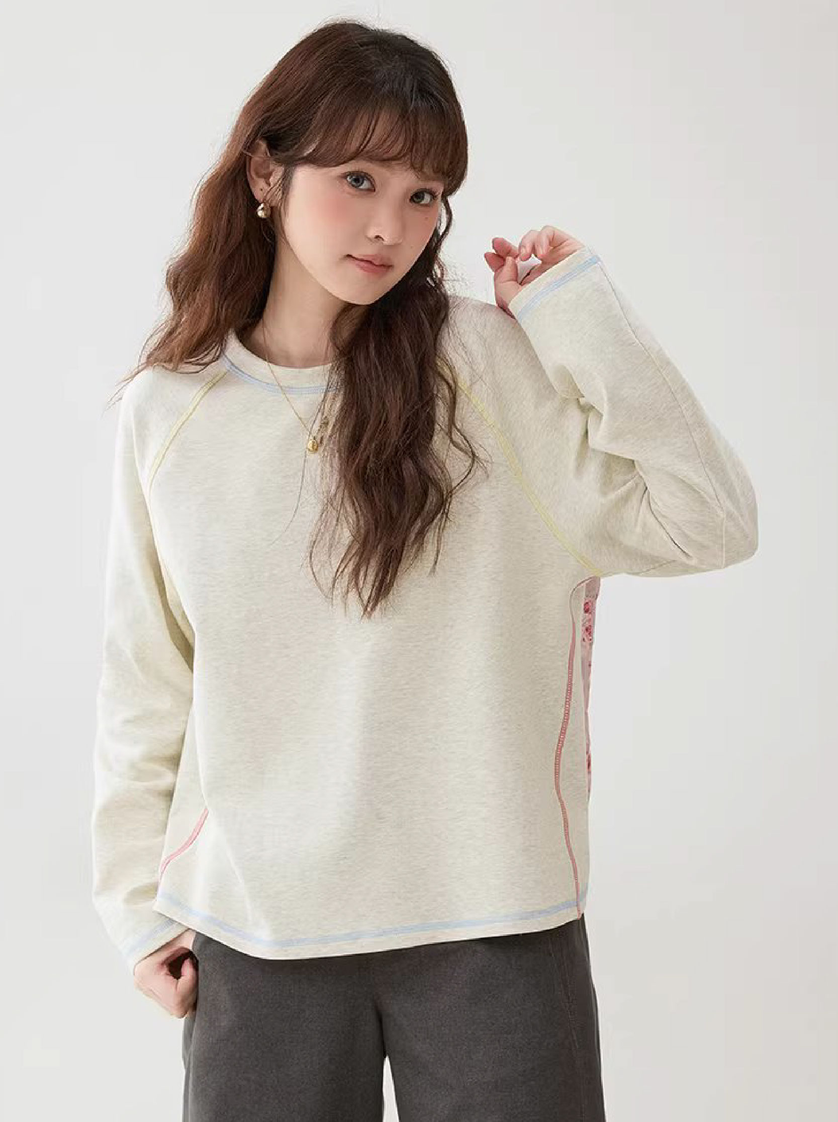 撞色反線長絨棉T恤女春季新款寬鬆插肩袖上衣