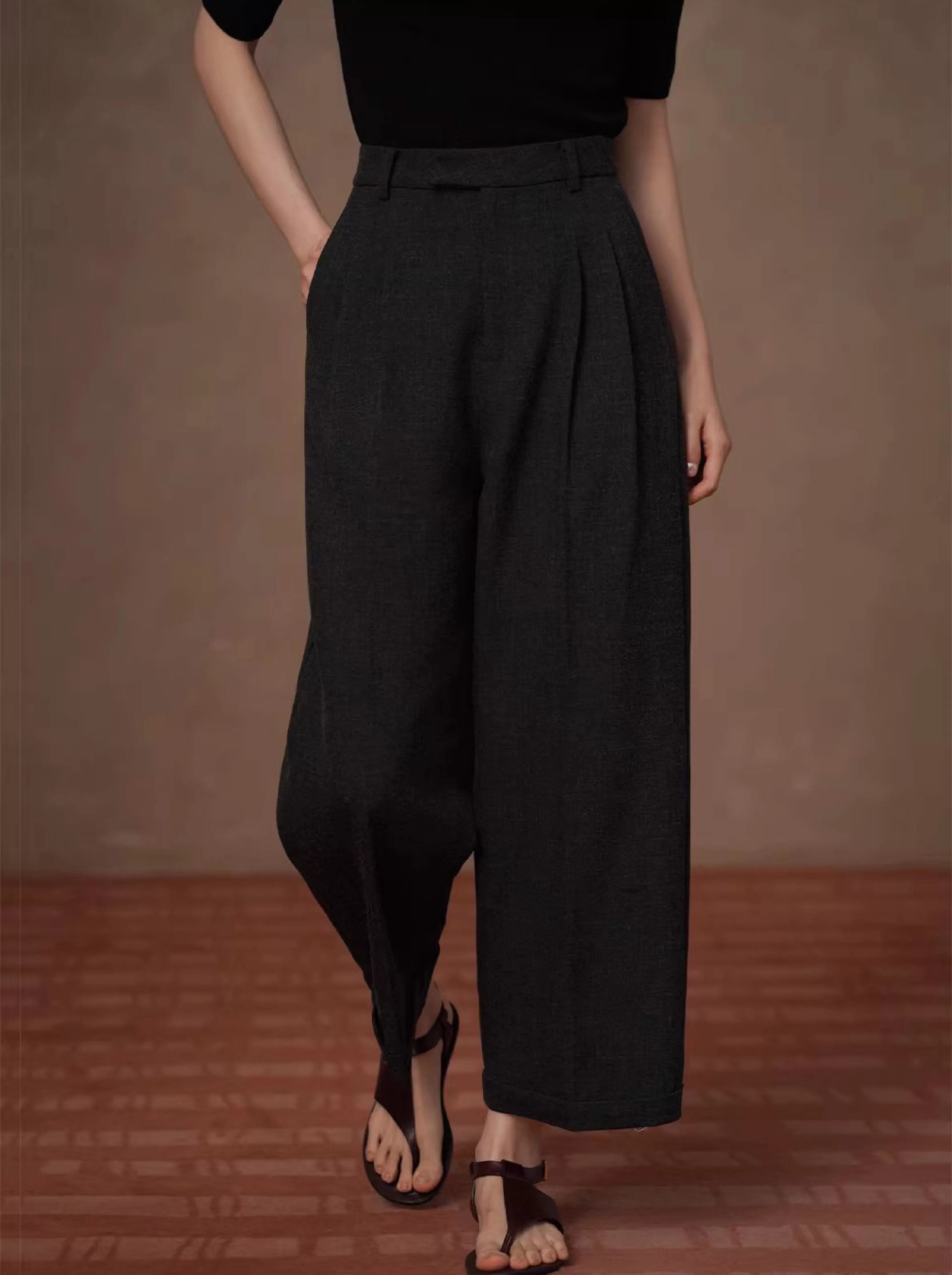 靜奢通勤訂製花灰肌理顯瘦高腰利落直筒折邊西裝長褲女