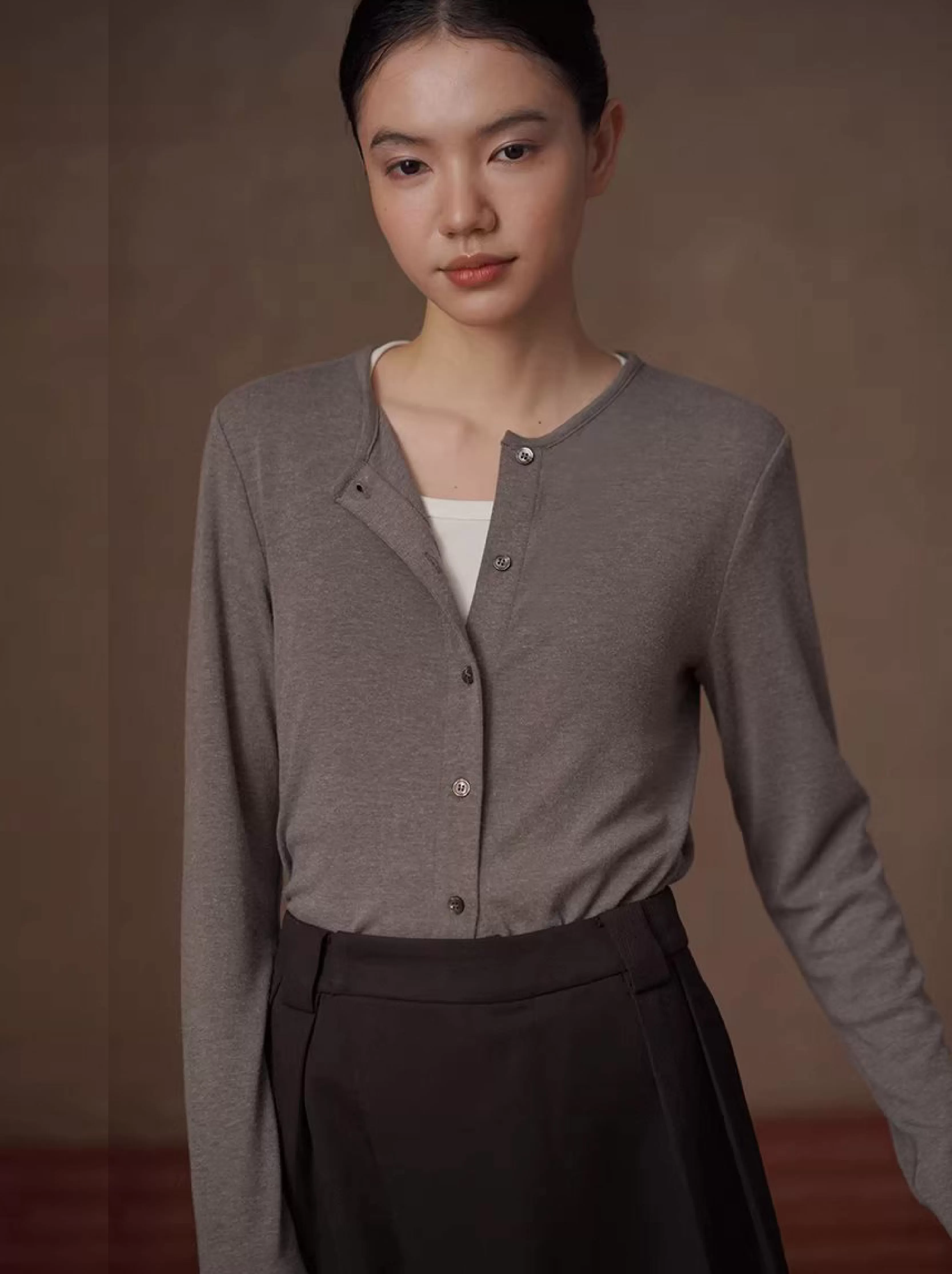 全能內搭合身彈性圓領開門襟顯瘦修身通勤長袖親膚上衣