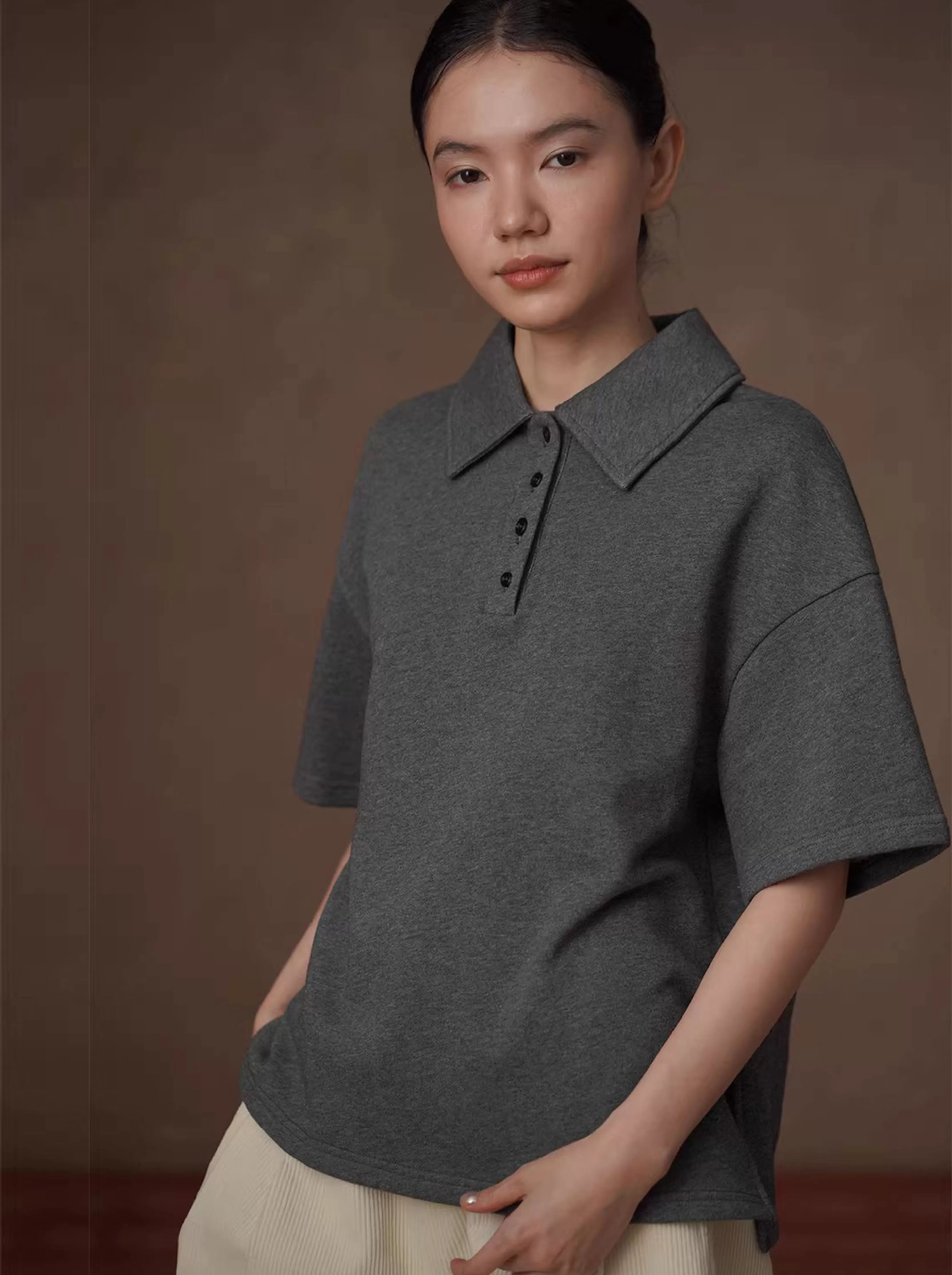 古經典休閒碰撞Polo領寬鬆顯瘦100棉花灰落肩短袖上衣