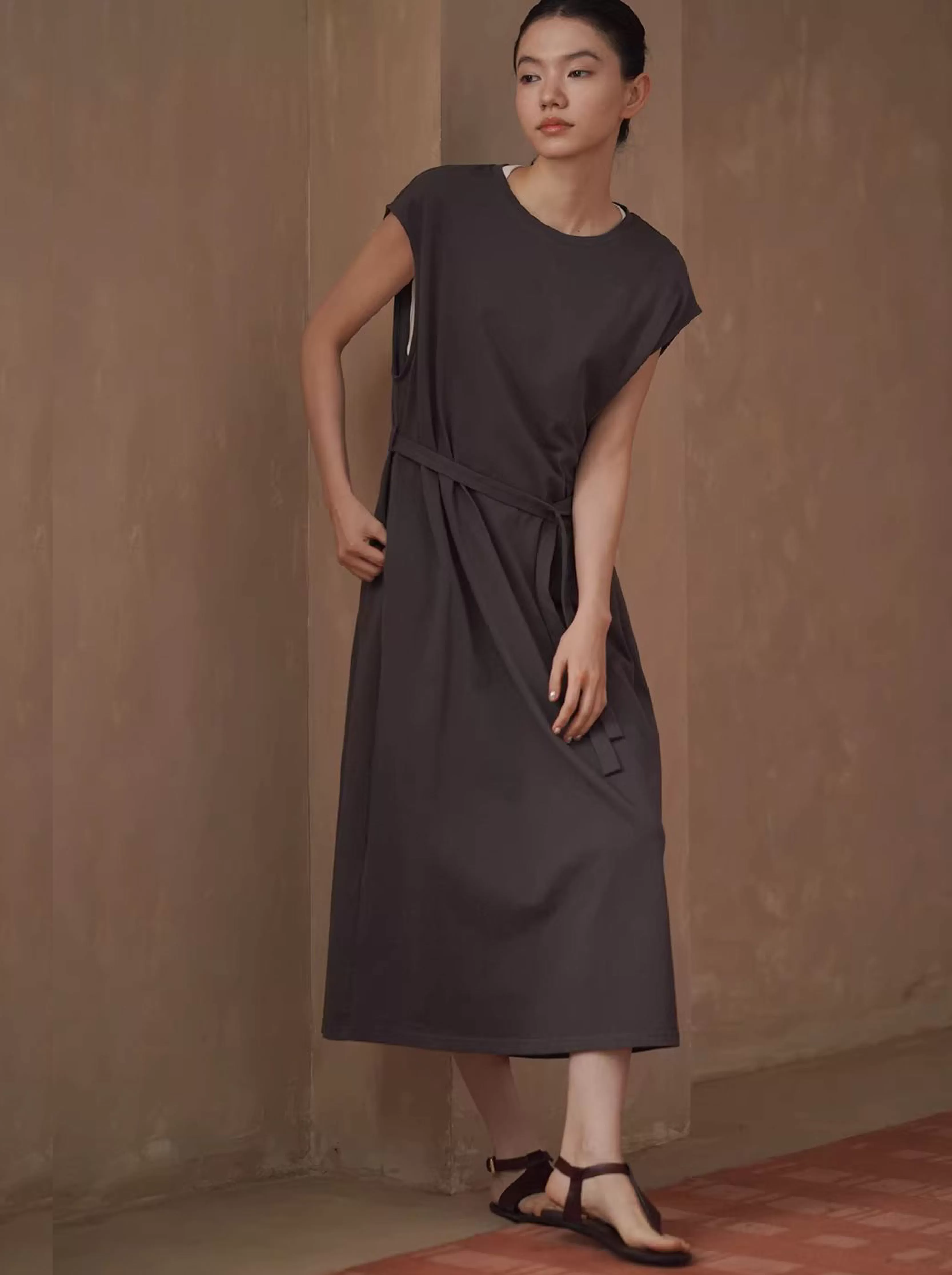 綿柔禪意100棉寬鬆直筒圓領可調式腰帶顯瘦無袖通勤洋裝