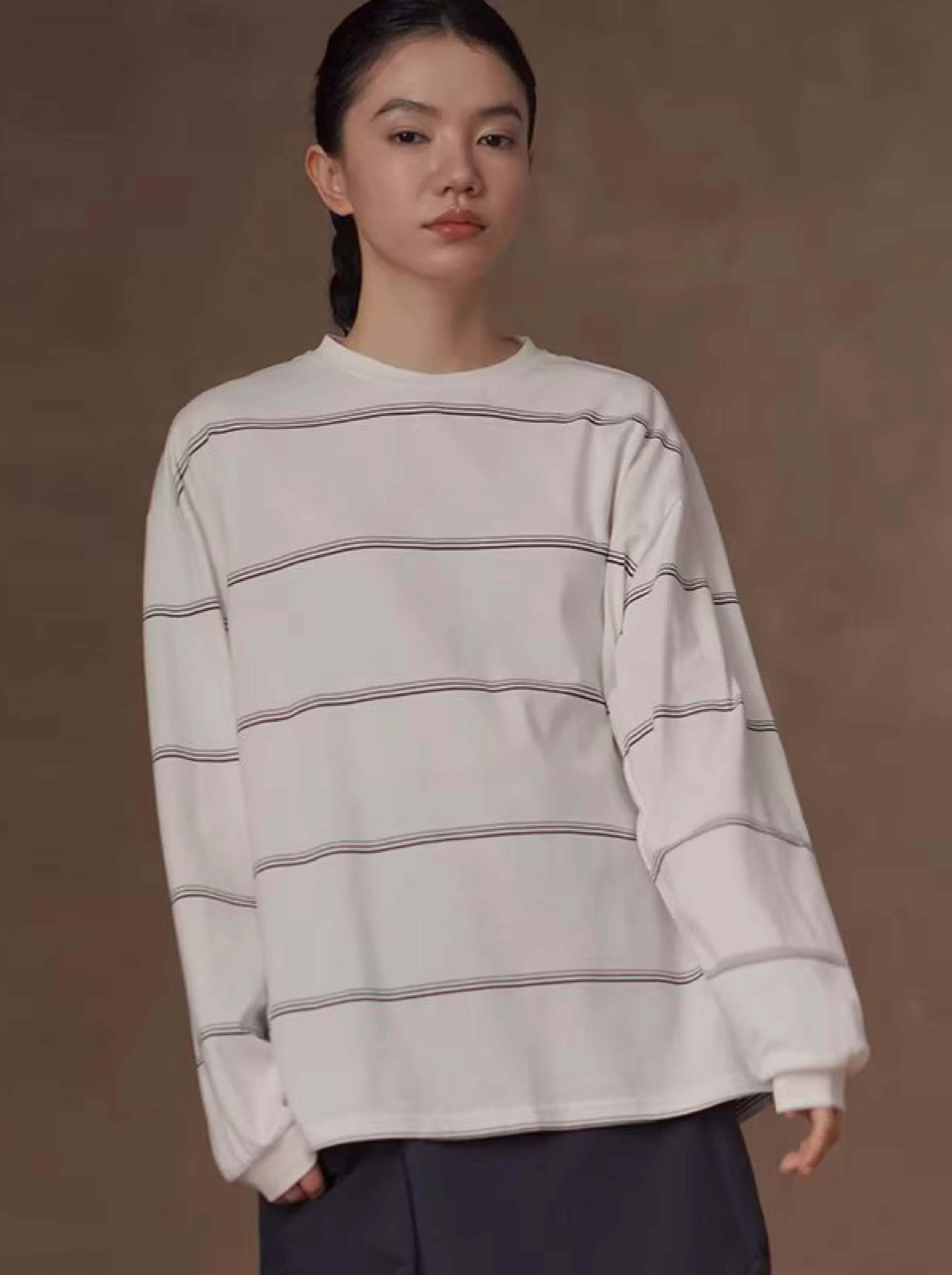 寫生素描鬆弛衛衣慵懶細條紋圓領寬鬆落肩休閒長袖上衣