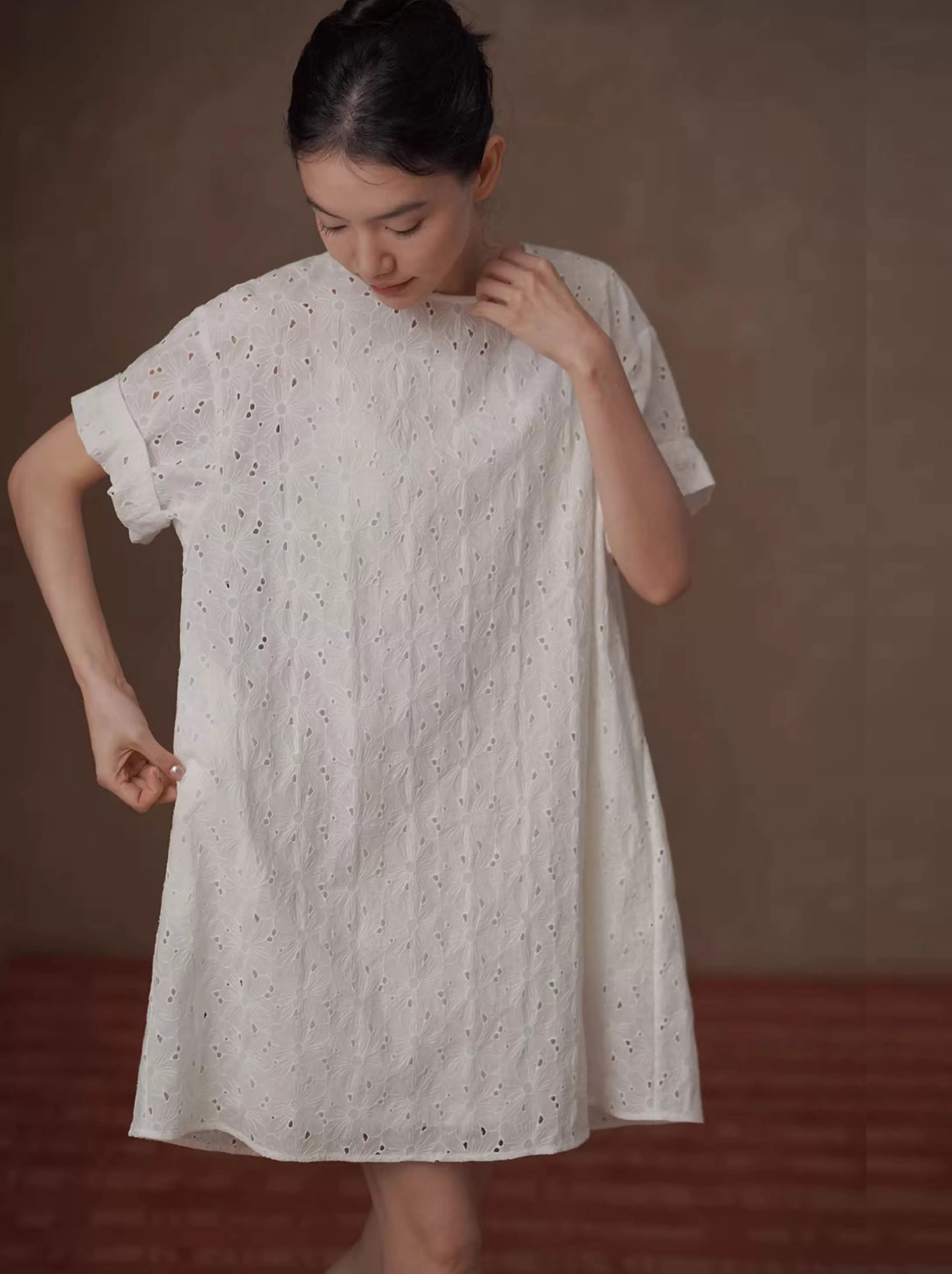 浪漫花園匠心之作100棉立體繡花A字顯瘦泡泡袖洋裝女