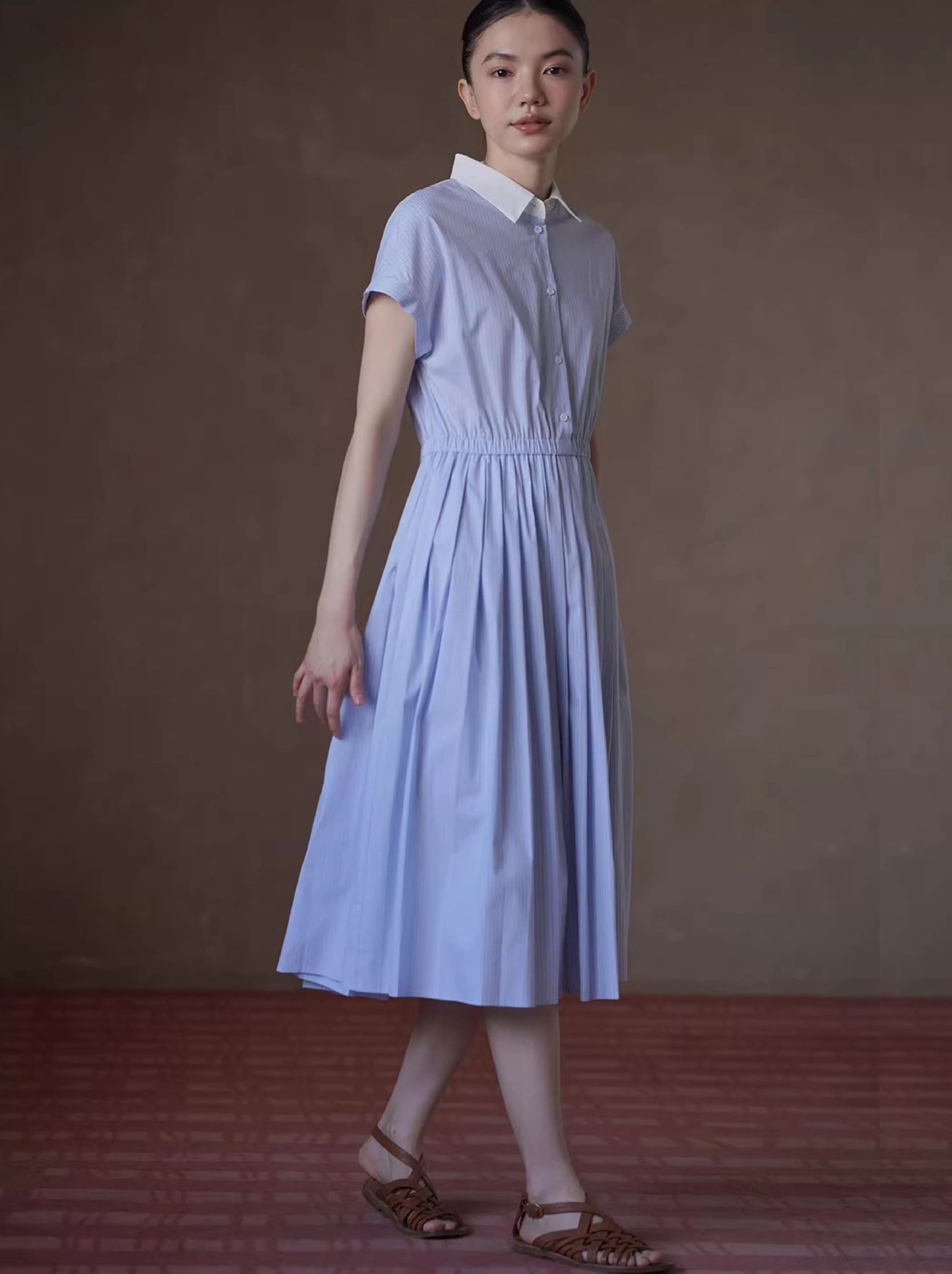 格林島嶼清新條紋洋裝親膚透氣撞色翻領收腰顯瘦洋裝