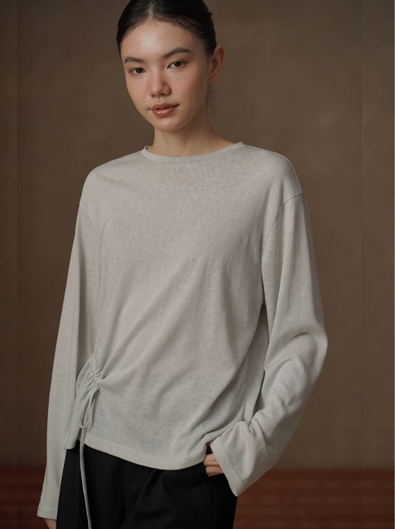 桑蠶絲亞麻棉清透涼爽下擺抽繩圓領寬鬆顯瘦長袖上衣女