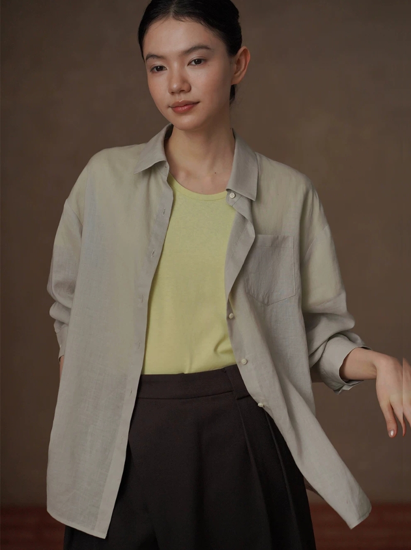 輕柔撫摸苧麻萊賽爾輕薄透氣寬鬆顯瘦通勤長袖落肩襯衫