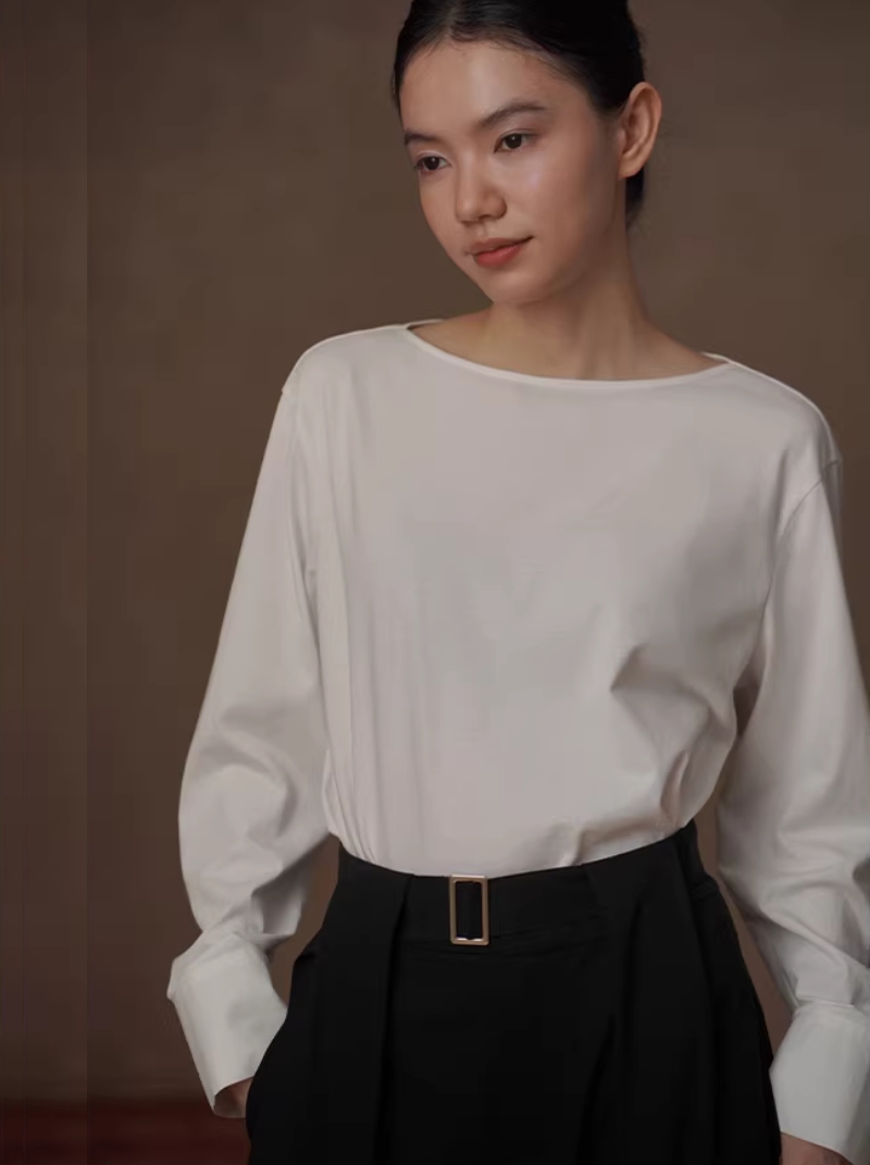 舒適高支棉基礎可單穿長袖後背分割落肩寬鬆顯瘦圓領T恤