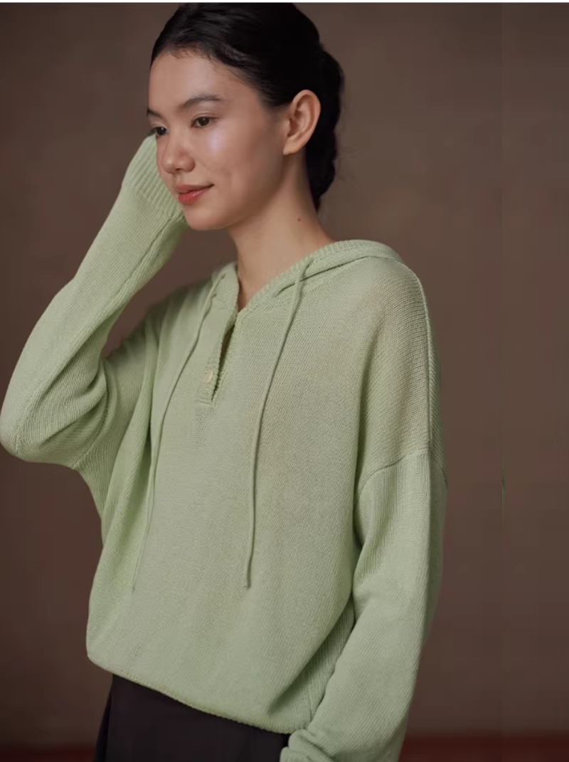 復古甜心顯白調色顯瘦寬鬆連帽萊賽爾亞麻涼感針織上衣