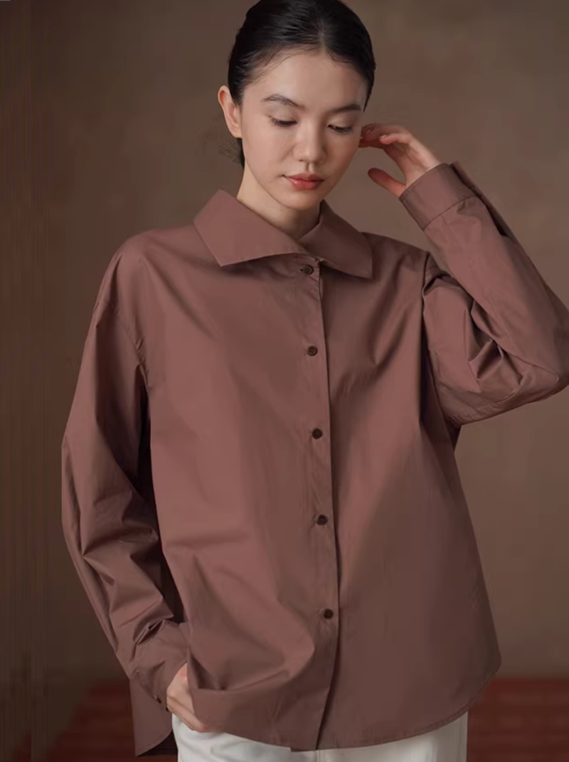 突破基礎大翻領復古寬鬆顯瘦襯衫挺括透氣100棉通勤外套