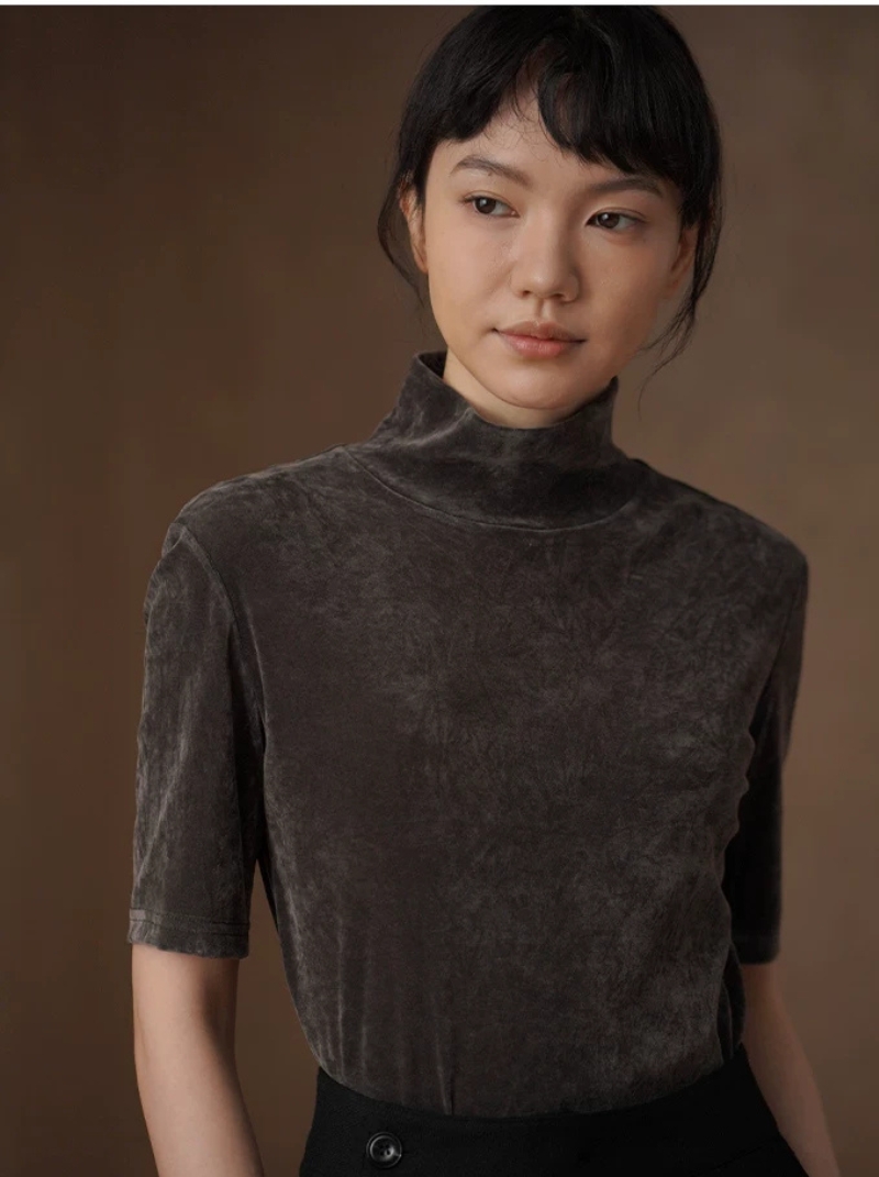 柔光完美優雅上衣低調絲絨T恤中袖高領合身通勤顯瘦內搭