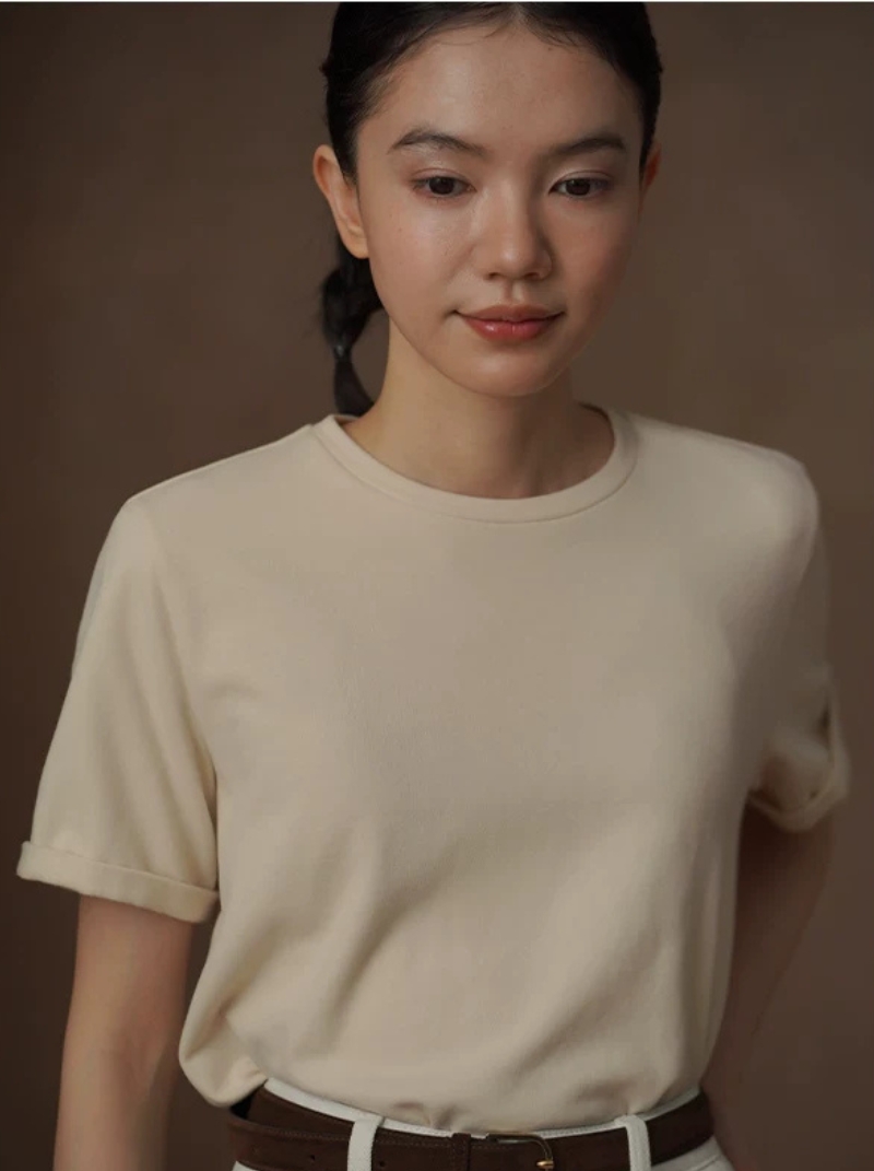 天然高棉親膚柔軟T恤合身直筒H型後領紐帶設計短袖上衣
