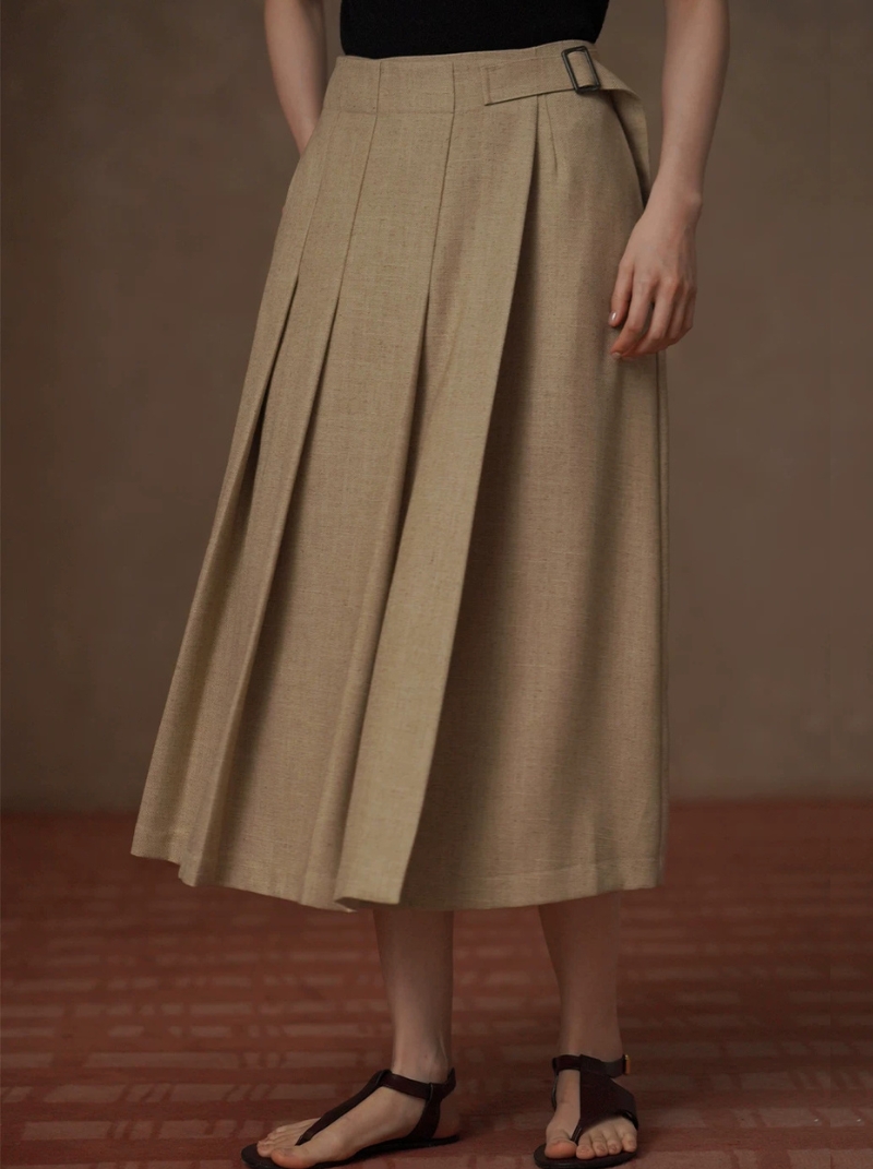 春意濃A字高腰半身裙高支高密挺括立體壓褶顯瘦學院裙