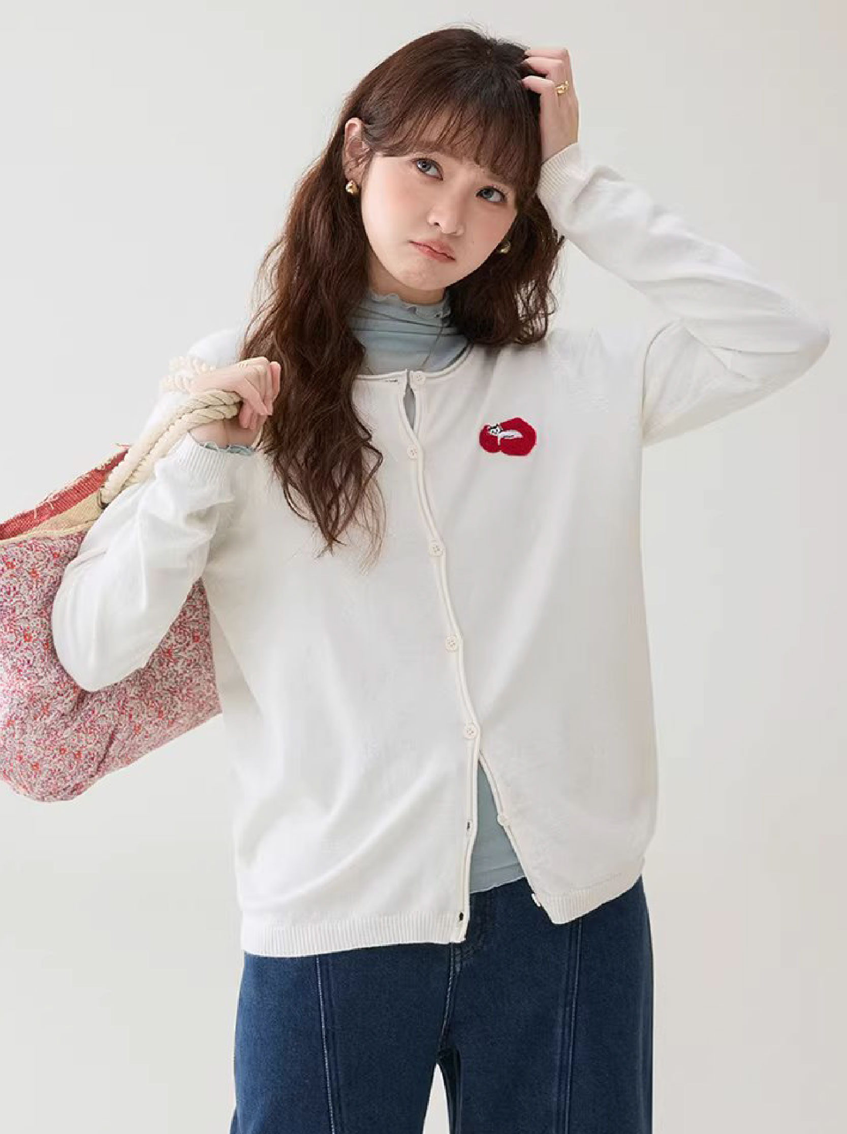 簡約小貓刺繡針織開襟衫女26春季新款寬鬆長袖上衣