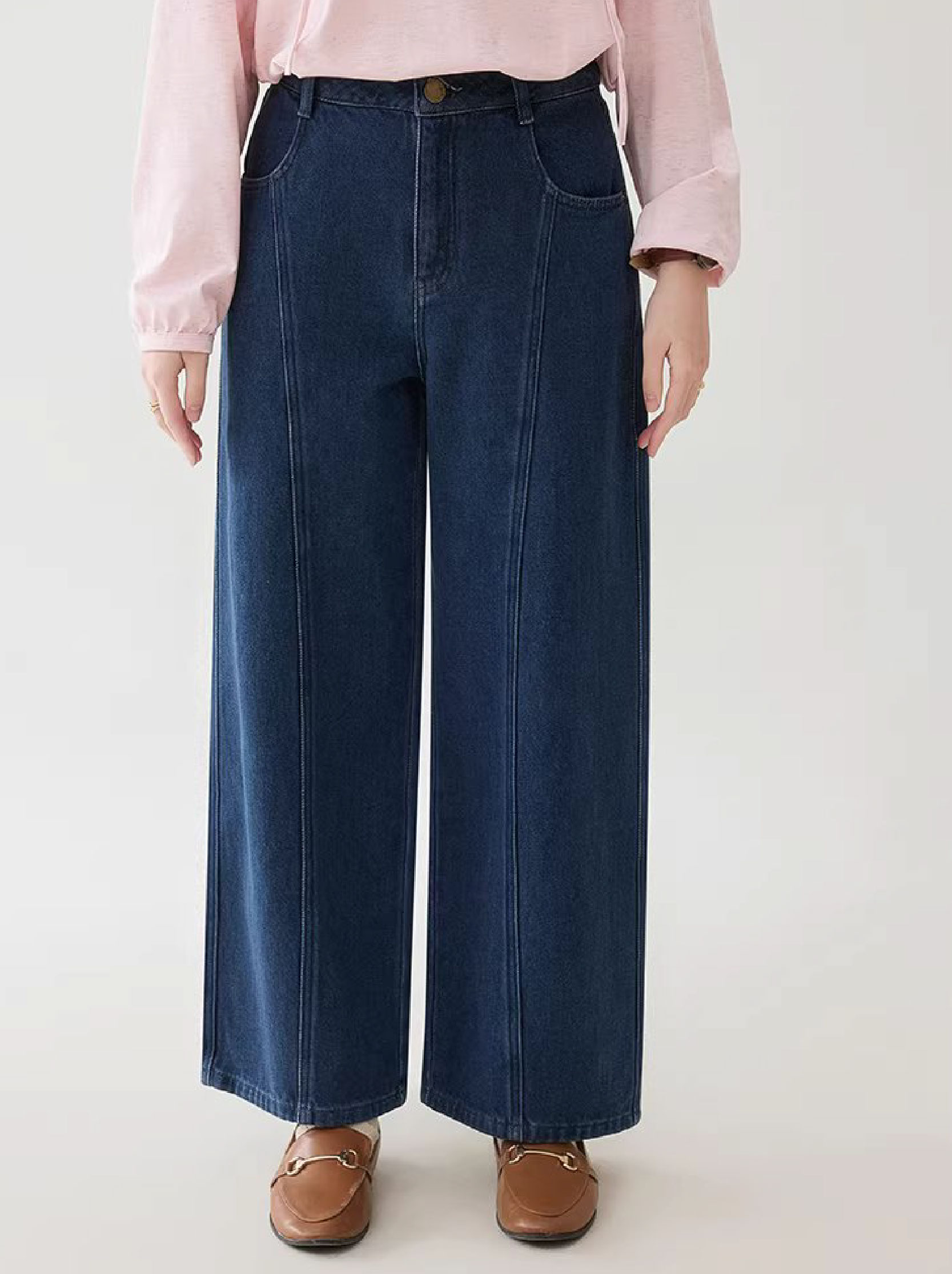 韓系藍色中高腰直筒牛仔褲女26春季新款百搭寬褲