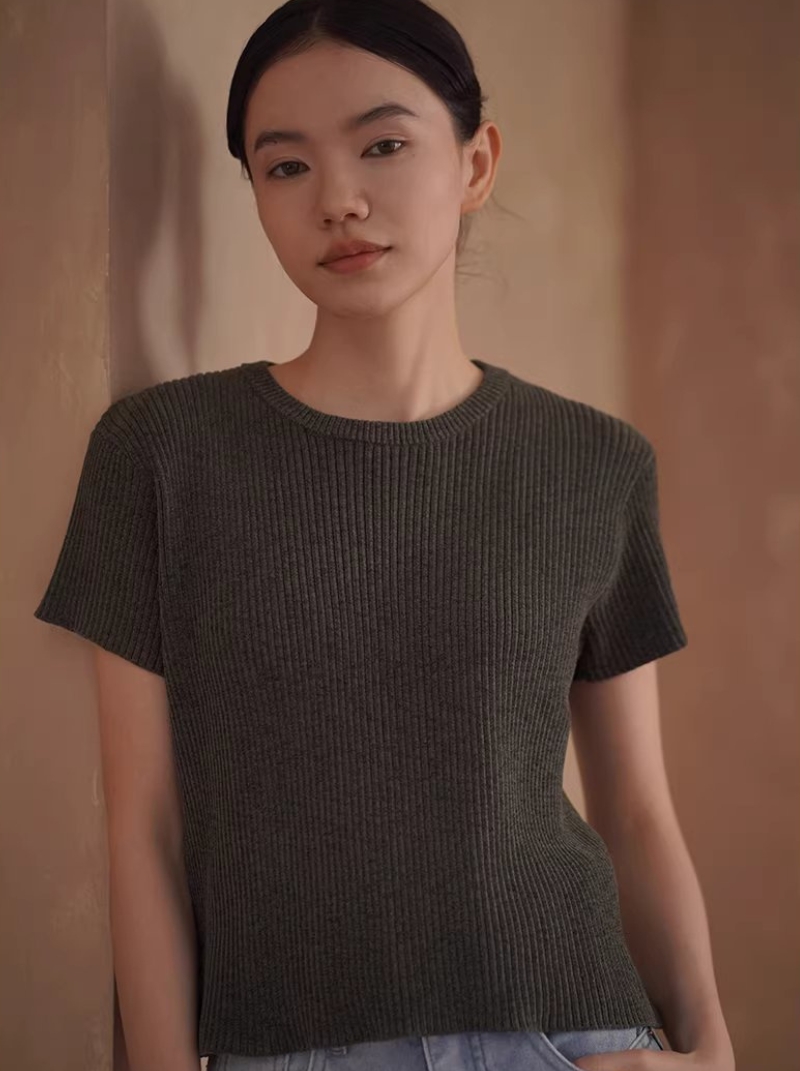 綿軟龍井酥雪尼爾紗線粗坑條肌理感短袖圓領彈力顯瘦T恤