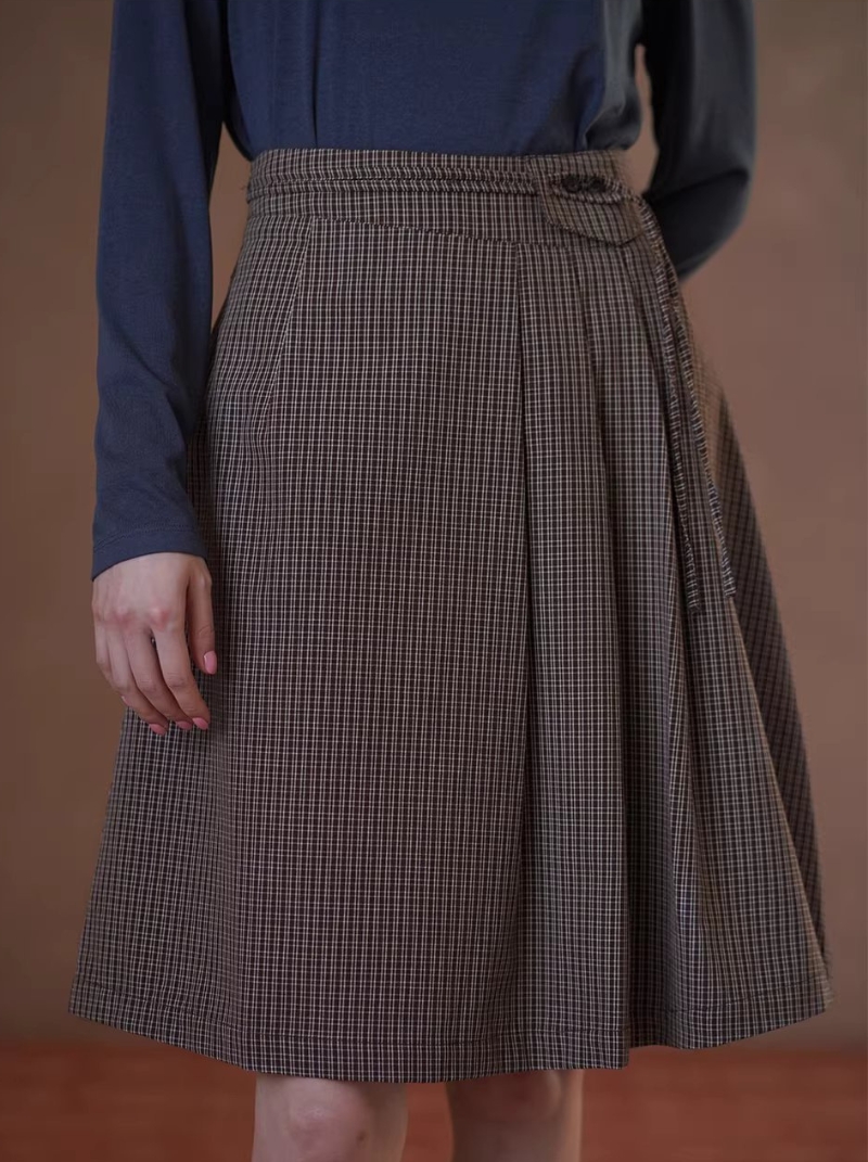 威爾斯學院格紋可調式腰節不規則百褶設計高腰A字裙