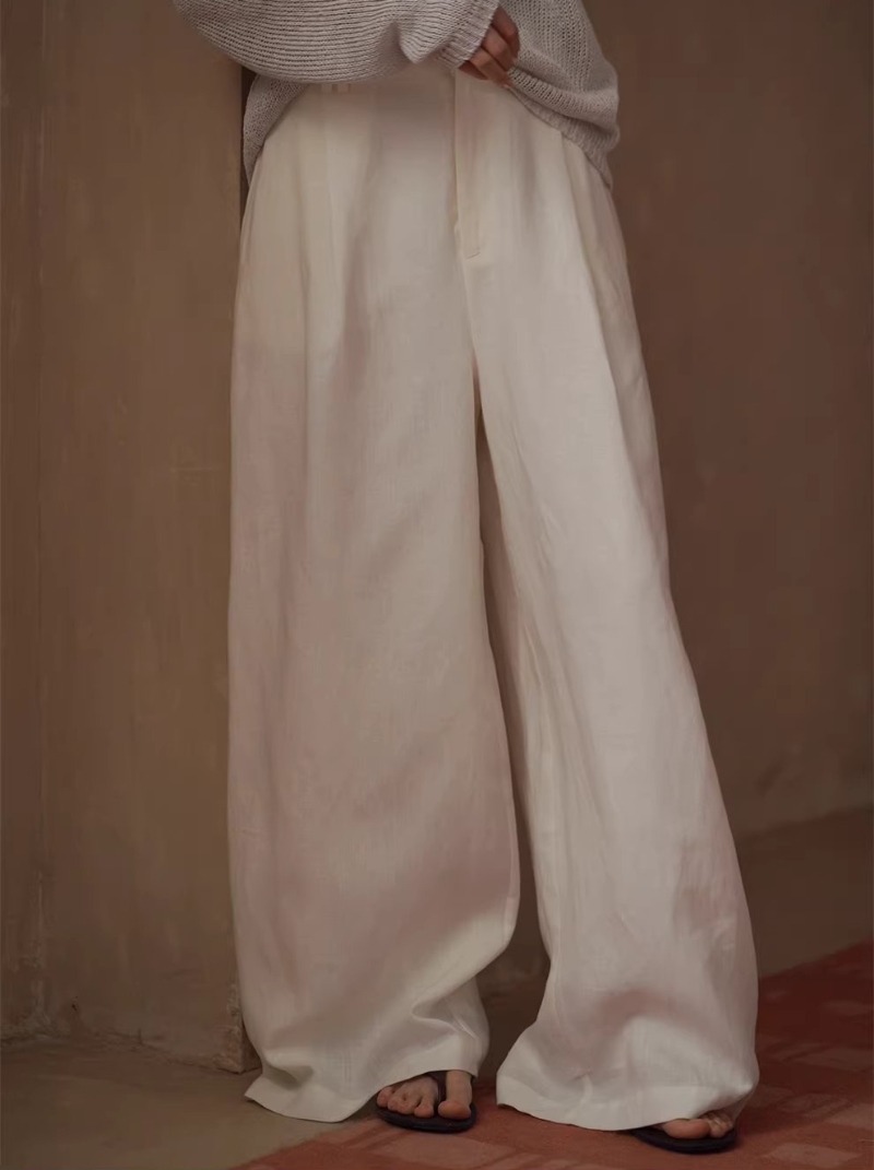 老錢典範顯瘦鬆弛感透氣亞麻萊賽爾寬鬆通勤闊腿長褲女