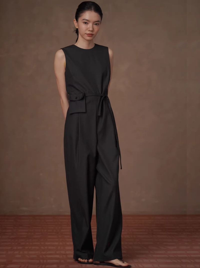 高級高智時髦無袖連身褲寬鬆顯瘦簡約立體口袋腰包長褲