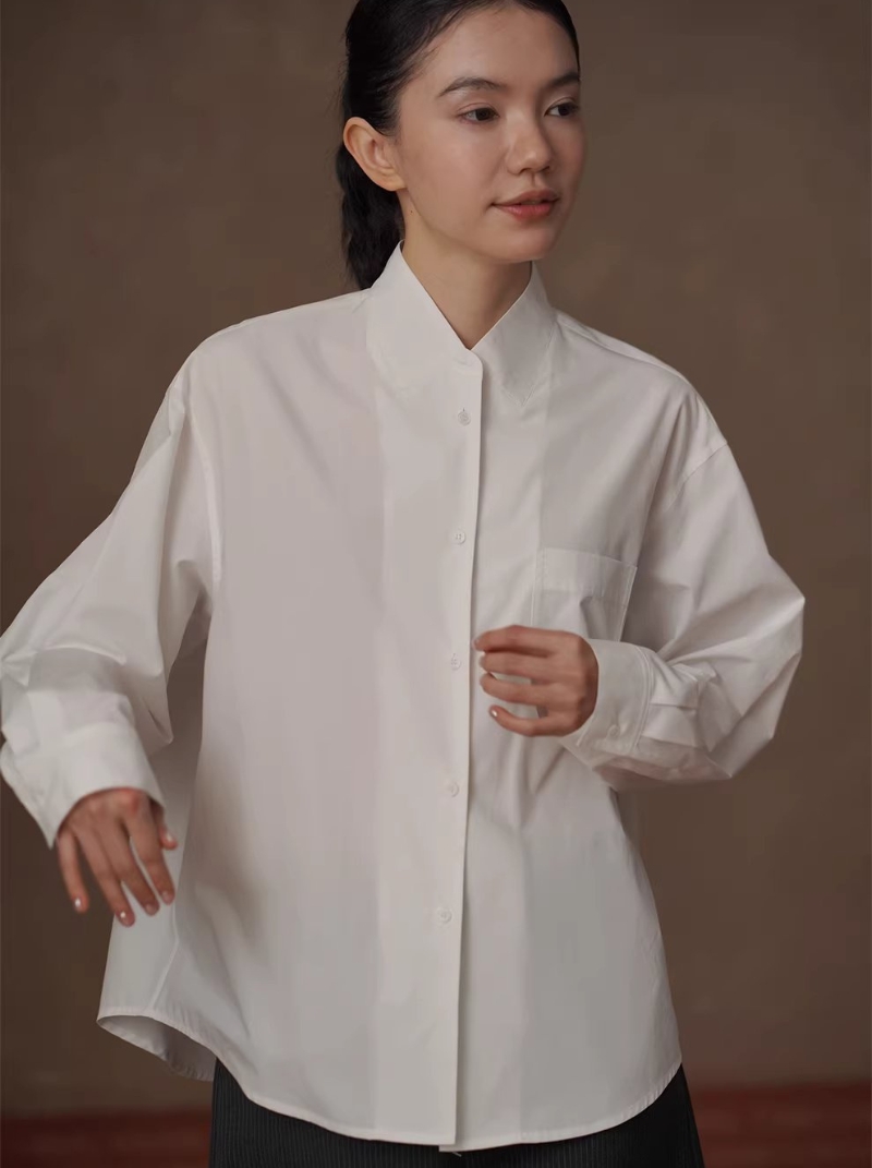 式復古回潮立領寬鬆H型顯瘦挺括好版型長袖疊穿襯衫女