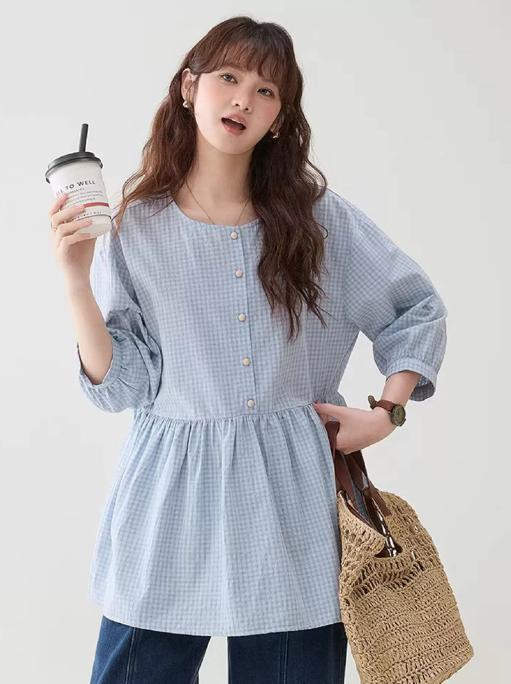 減齡八分袖純棉藍格襯衫女春新款寬鬆娃娃衫上衣