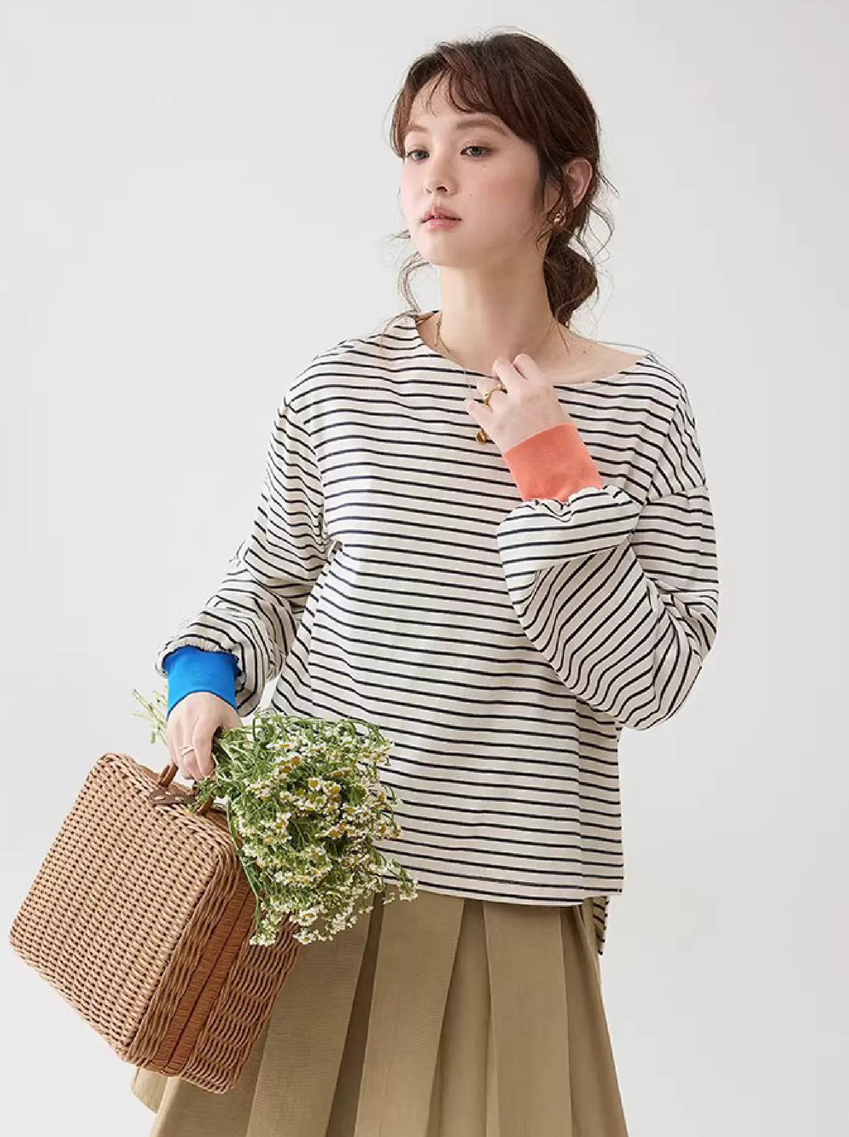 撞色條紋燈籠袖純棉T恤女春季新款寬鬆百搭上衣