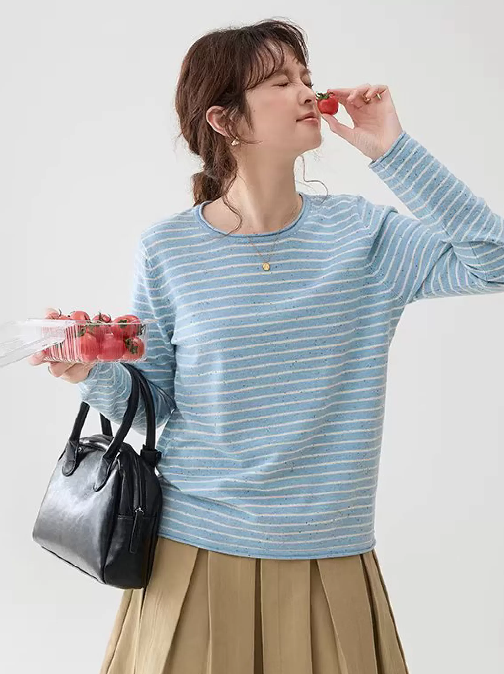 撞色條紋花點捲邊針織衫女春季新款寬鬆長袖上衣