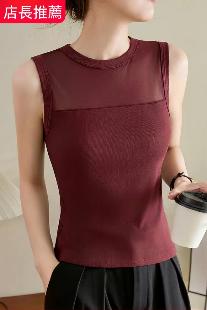 無袖百搭帶胸墊修身顯瘦打微透網紗背心