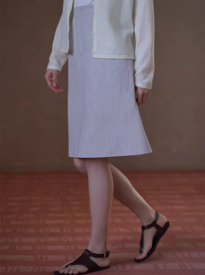 不費力時髦法式細條紋高腰顯瘦百搭簡約直筒通勤半身裙