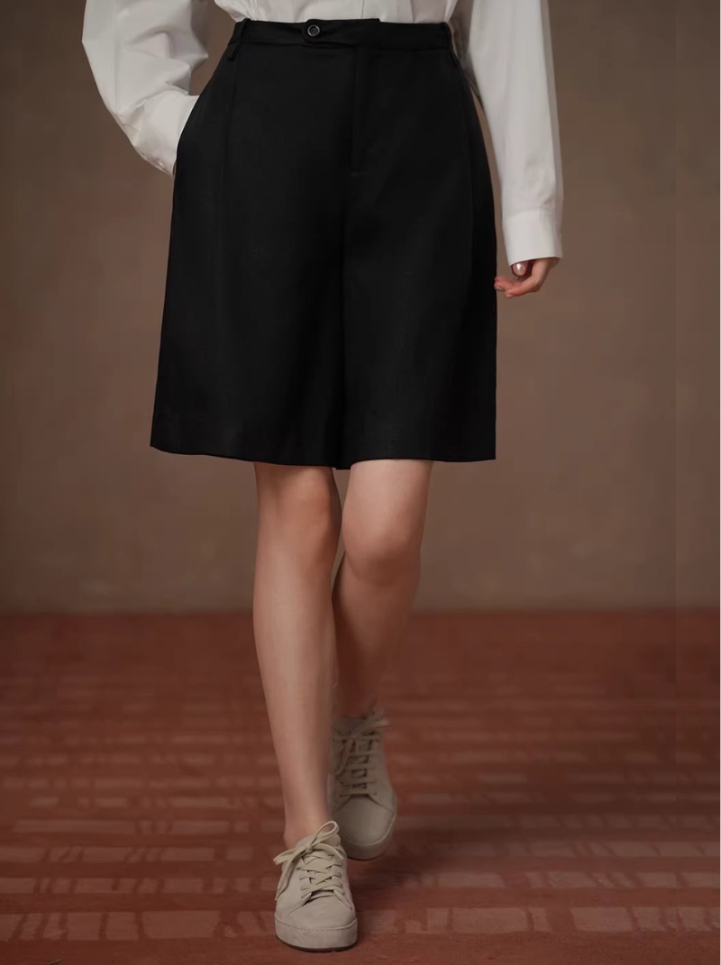 姐簡約俐落通勤五分褲透氣萊賽爾亞麻高腰寬鬆顯瘦褲子女