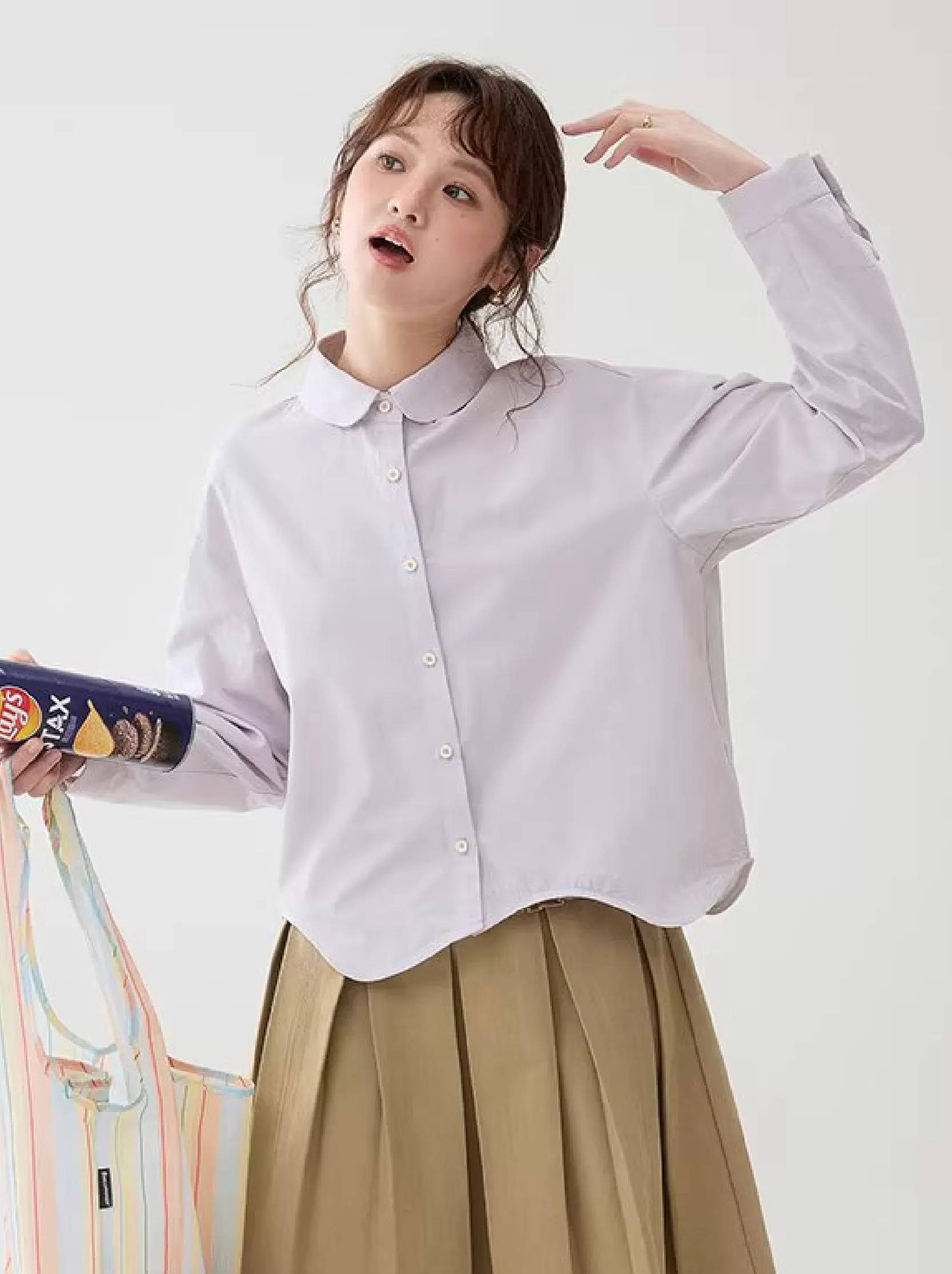 弧形擺娃娃領紫色襯衫女26春季新款減齡長袖上衣