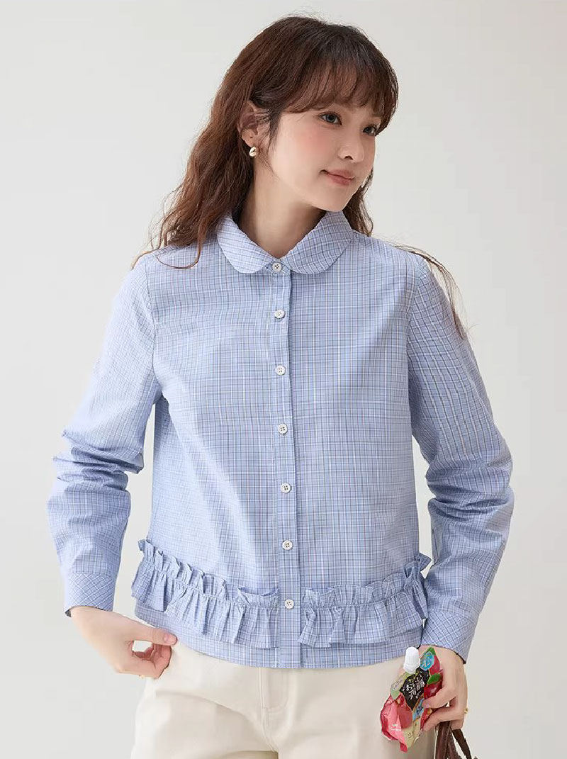 藍格荷葉邊娃娃領襯衫女春季新款純棉長袖短上衣