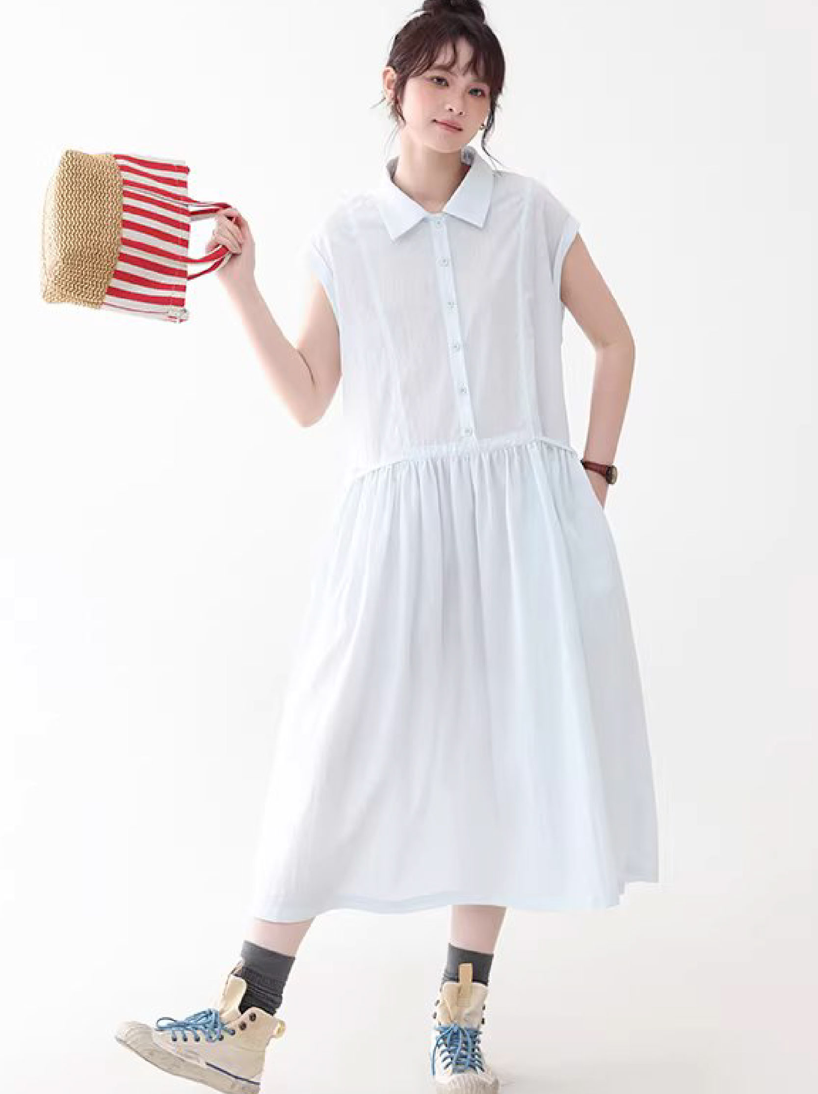 純色繫帶收腰大擺洋裝女26夏季新款polo領長裙