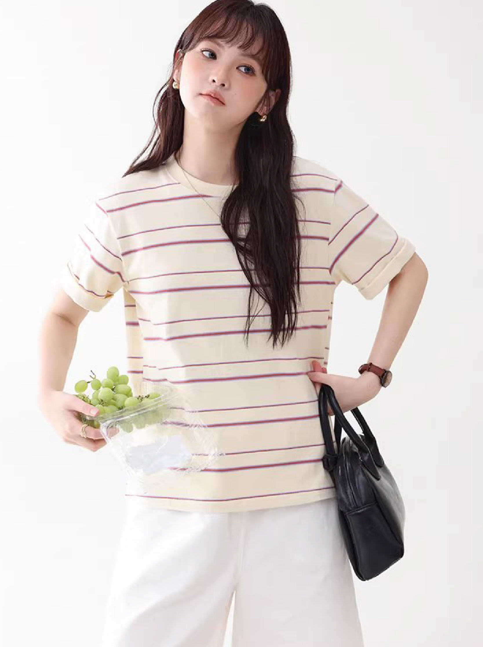 多巴胺撞色條紋落肩短袖T恤女夏季新款甜美圓領上衣