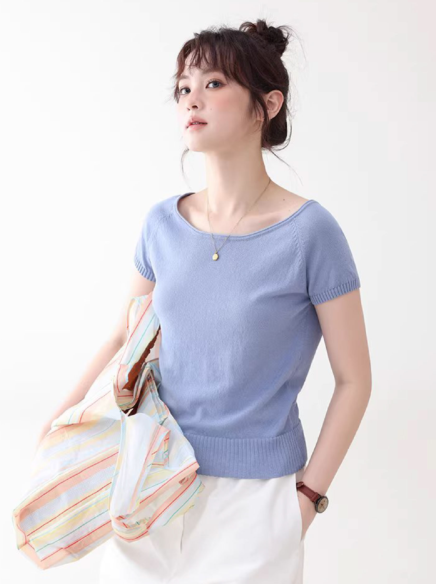 純色小一字領側開叉針織衫女夏新款慵懶顯瘦短袖上衣