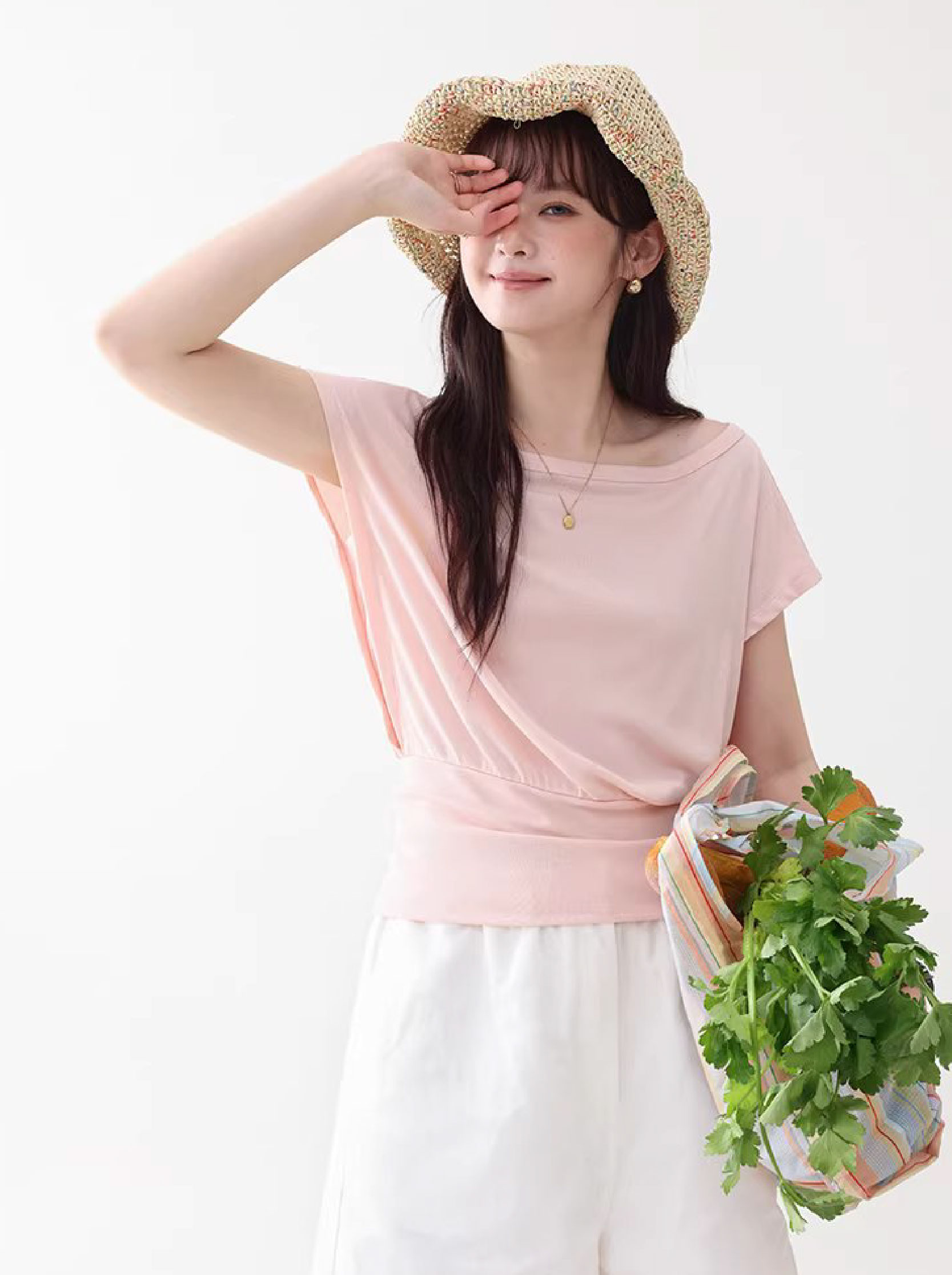 一字領收腰顯瘦寬鬆T恤女夏季新款粉紅短袖上衣