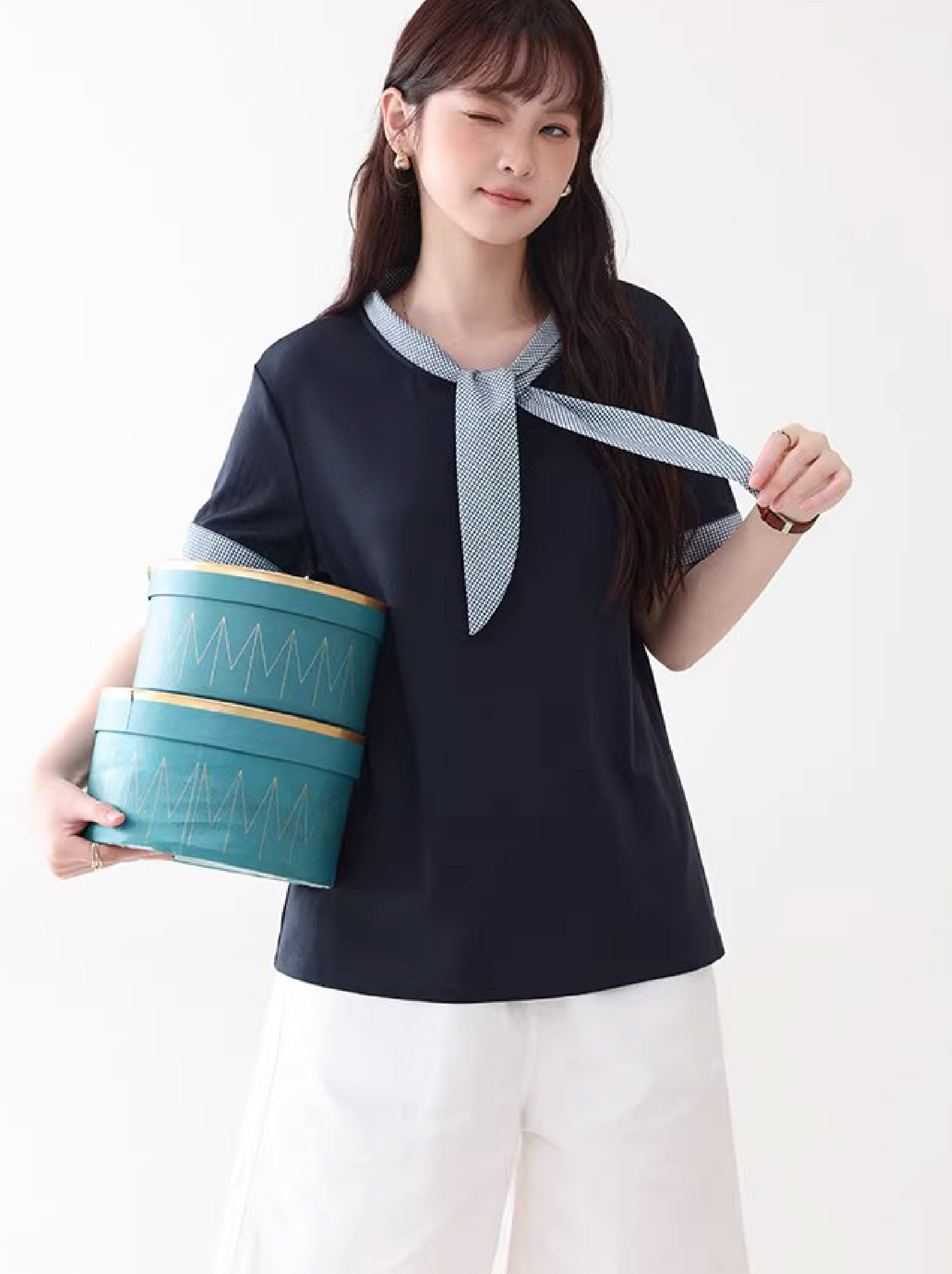 拼接格紋綁帶領短袖T恤女夏季新款時尚減齡上衣