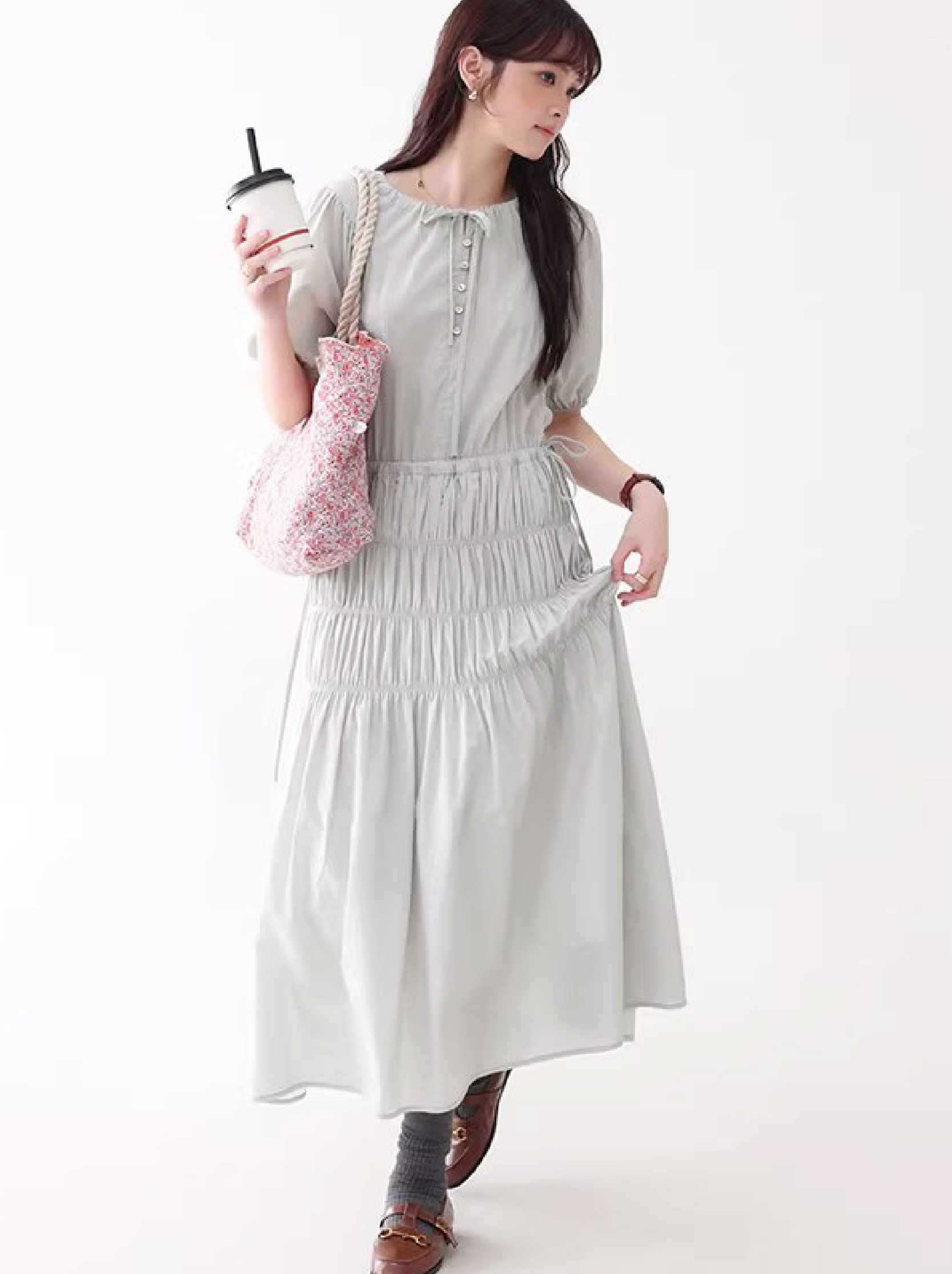 小眾褶皺收腰顯瘦洋裝女夏季新款純棉短袖長裙