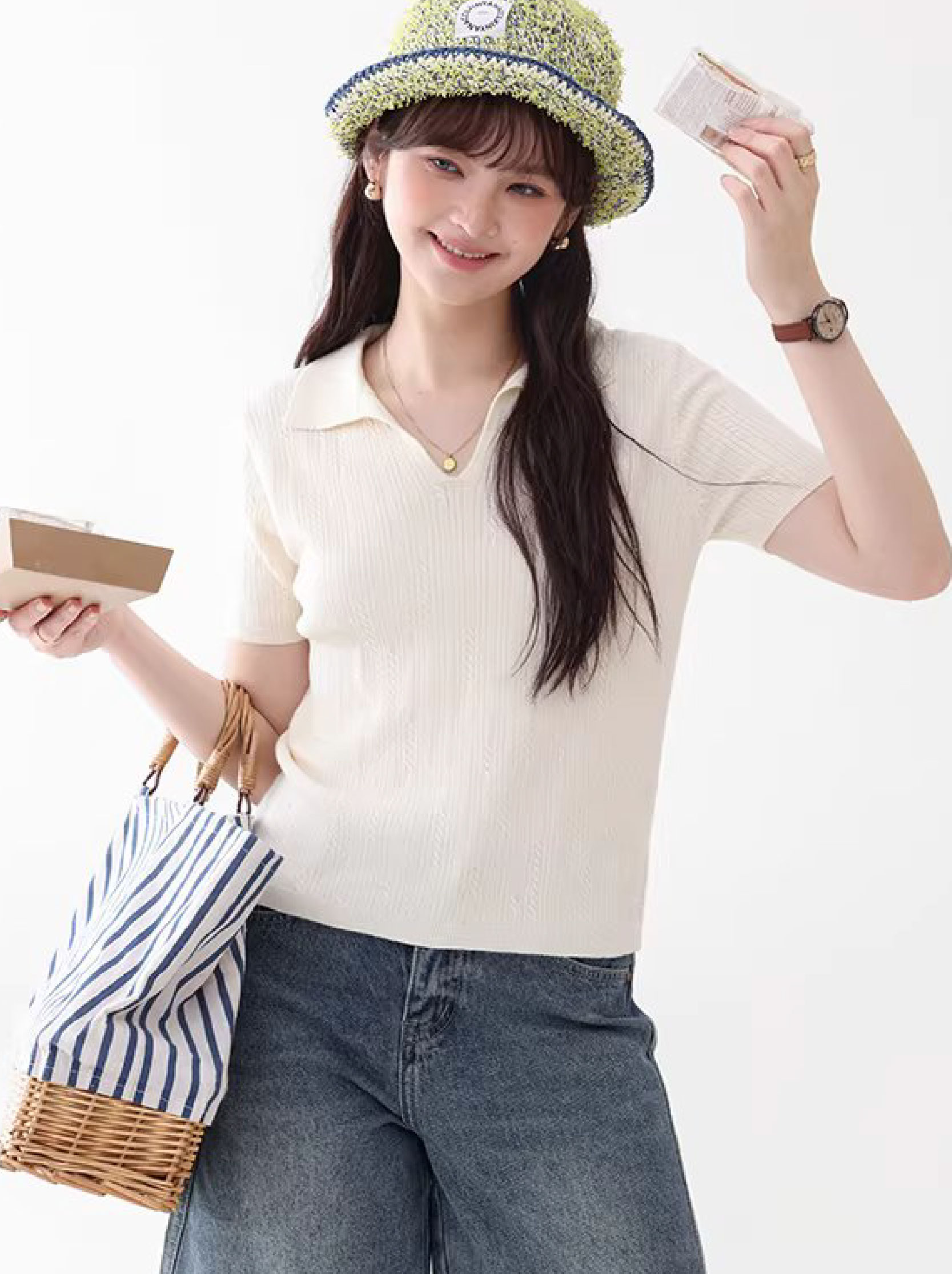 純色扭花翻V領短袖針織衫女26夏季新款溫柔顯瘦上衣