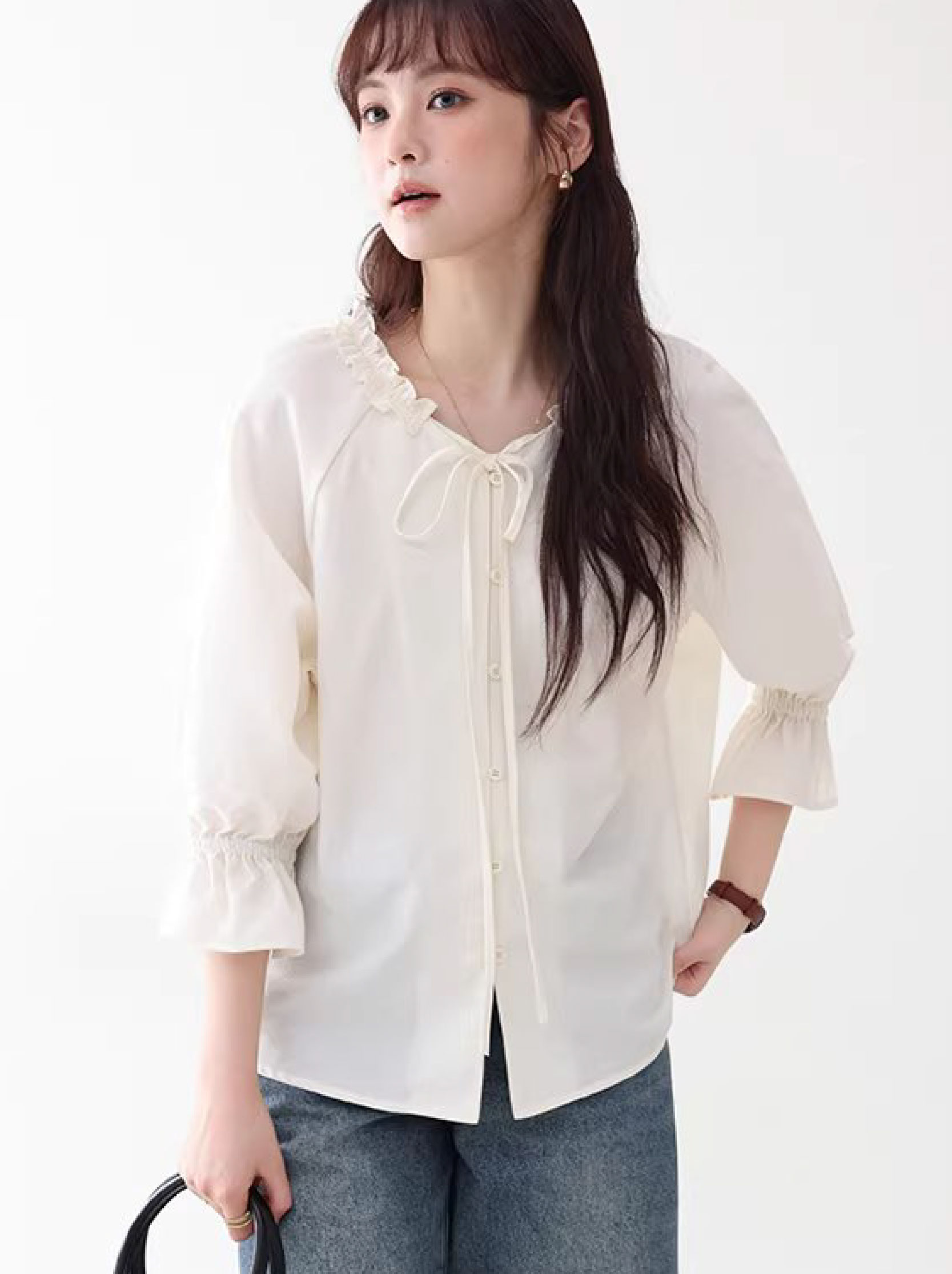 法式木耳邊綁帶V領襯衫女夏新款七分袖羈扣上衣