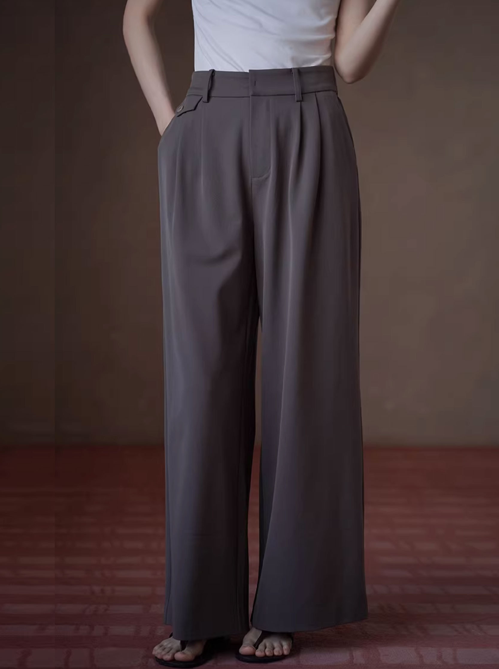 特調拿鐵垂順抗皺顯瘦寬鬆通勤遮肉絲滑西裝寬腿長褲女