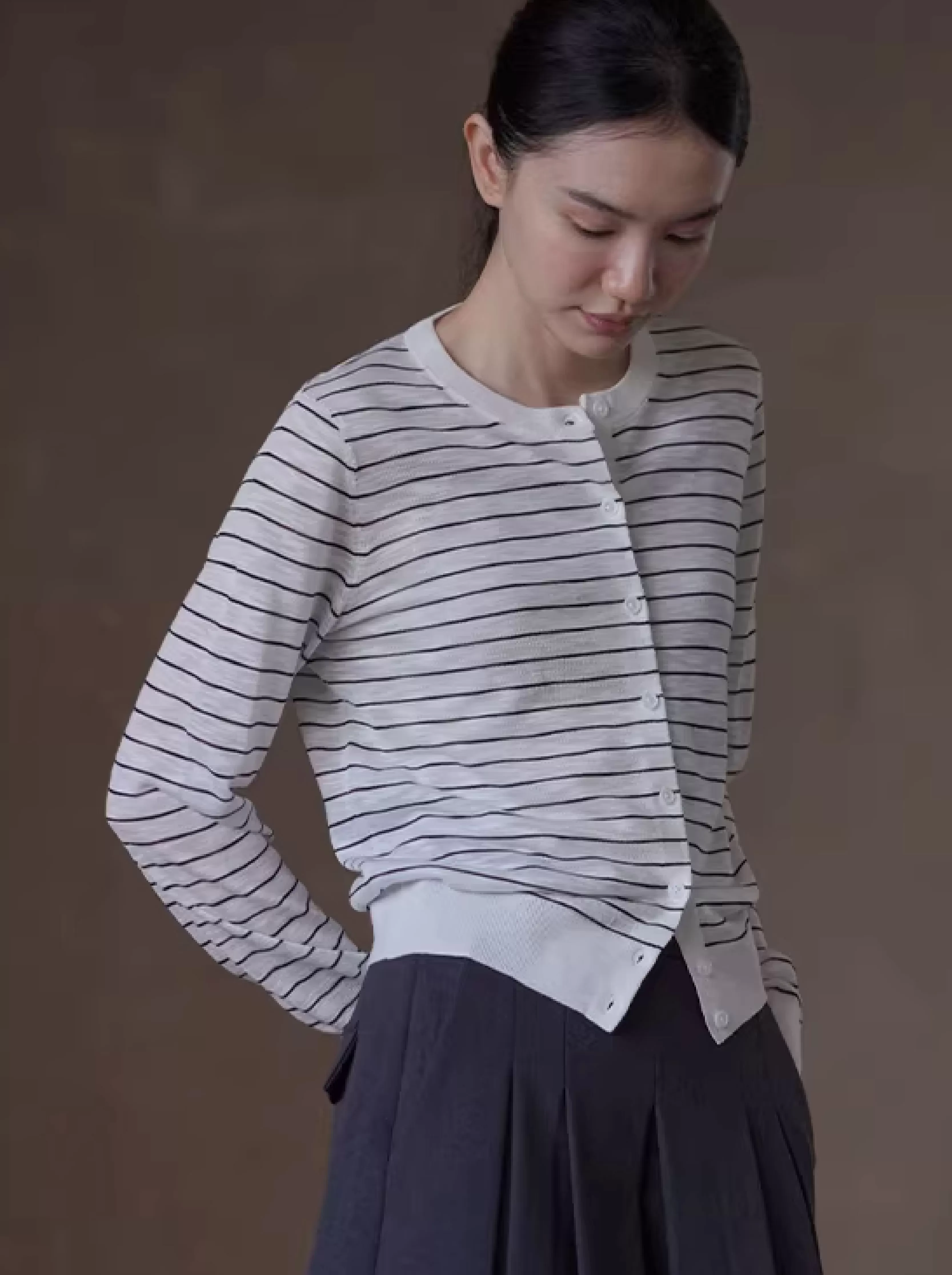 1/32竹節麻天然肌理法式條紋圓領寬鬆顯瘦針織開襟衫女